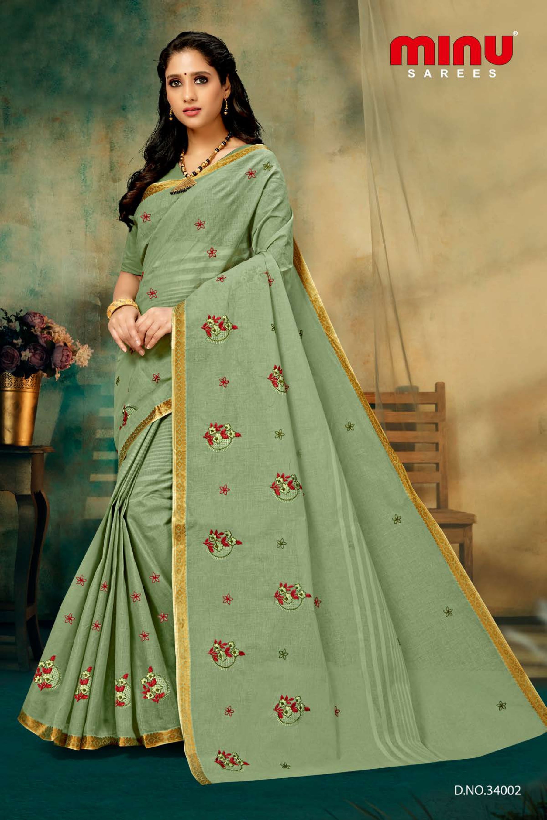 best color printed cotton embroidered saree