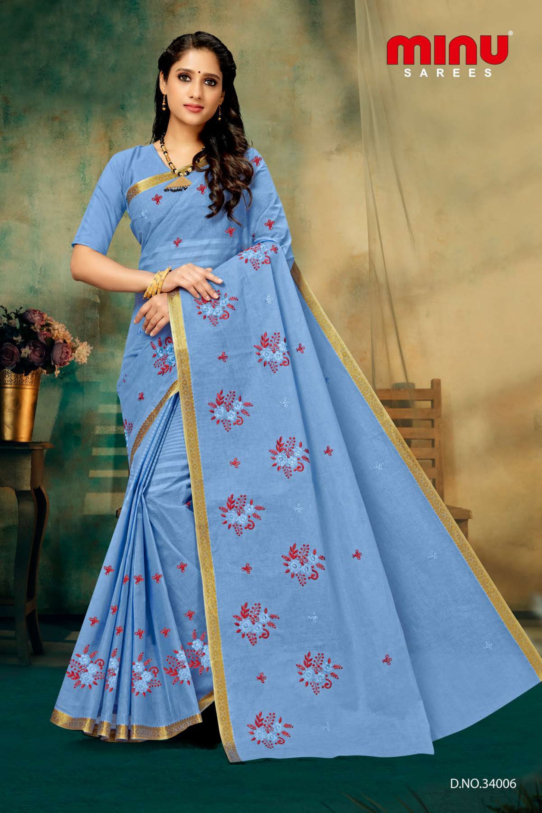 designer blue printed cotton saree for online wholesale 