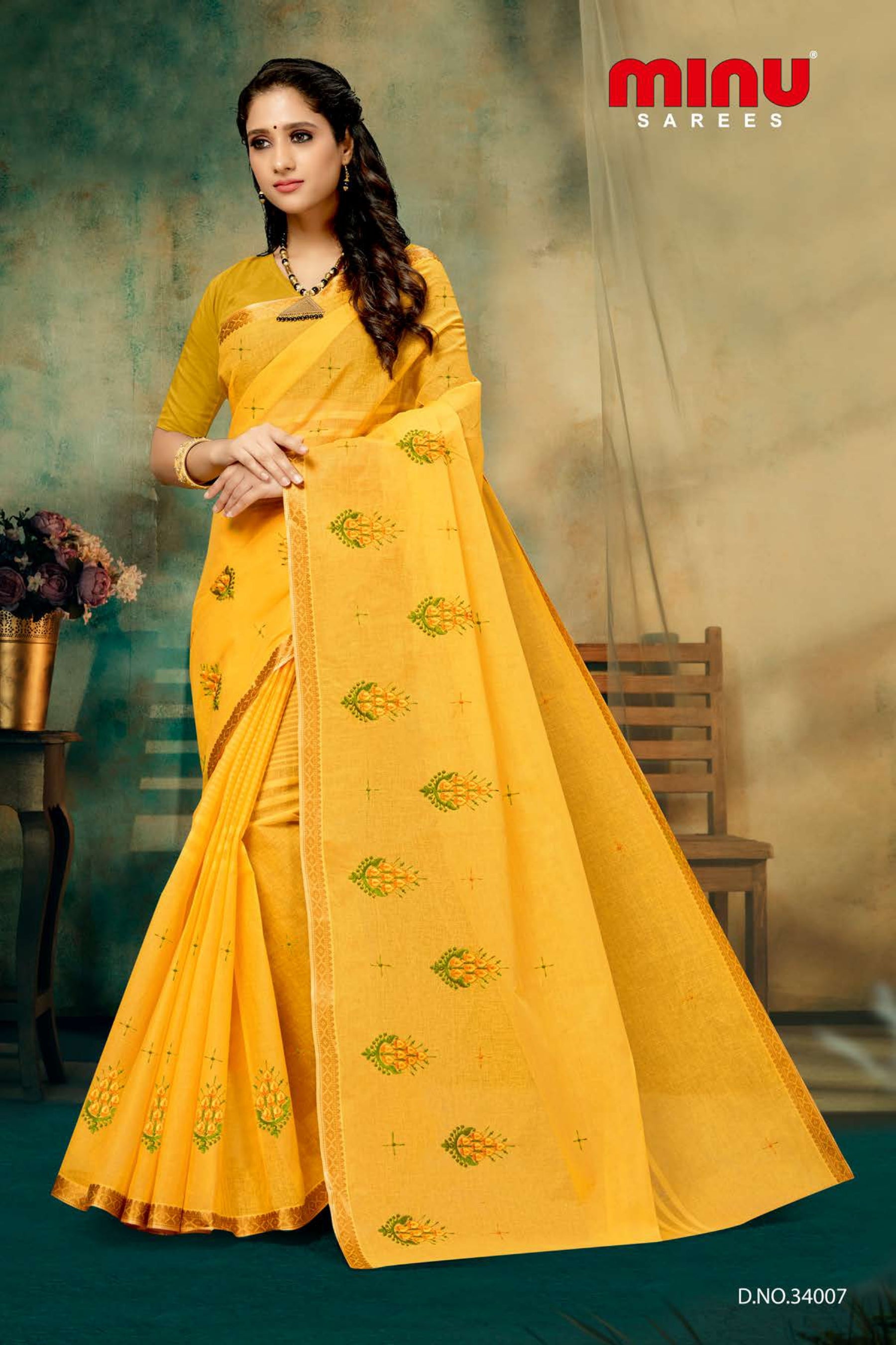 yellow printed pure cotton saree for women
