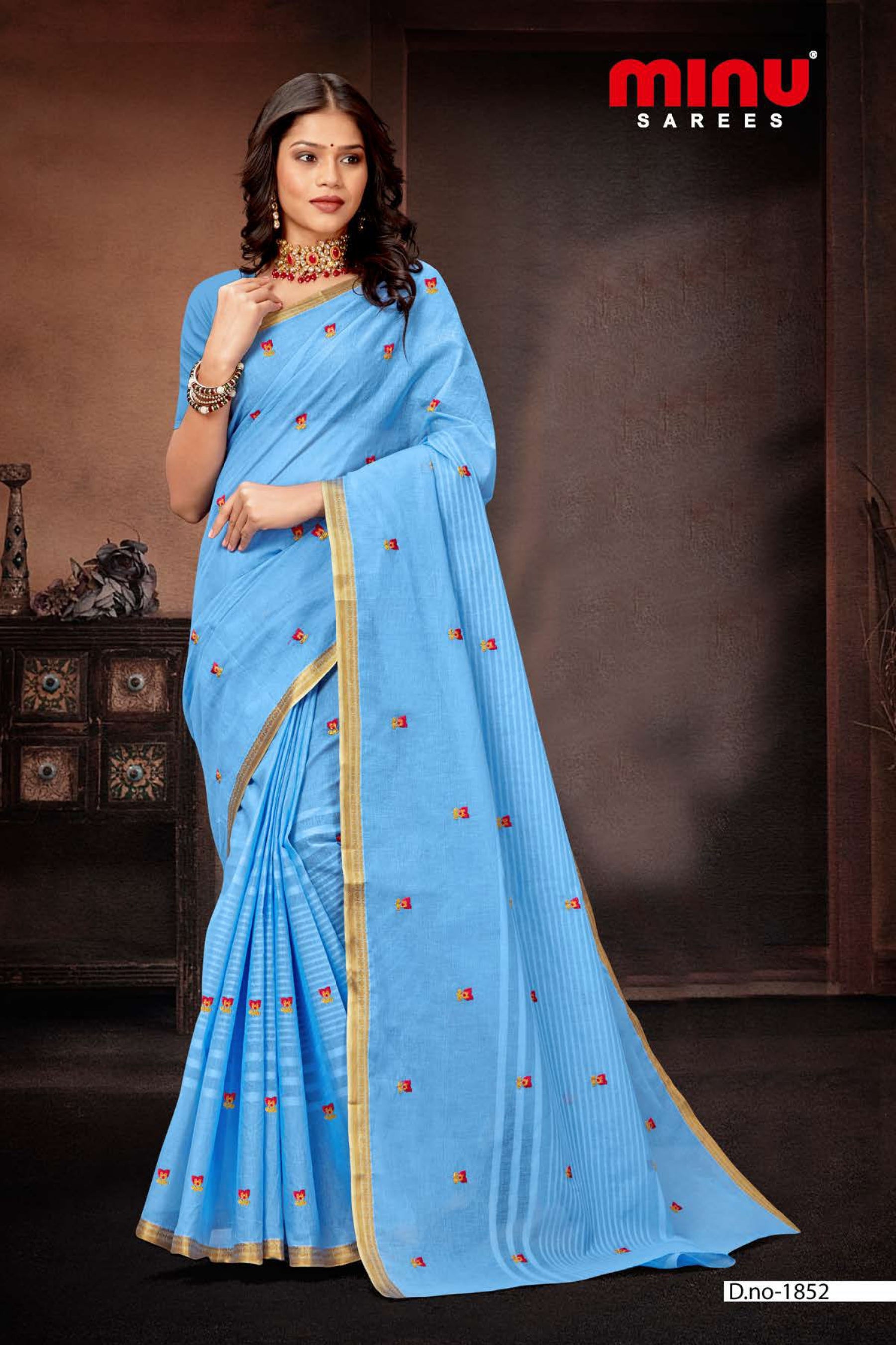 blue printed embroidered Saree for women