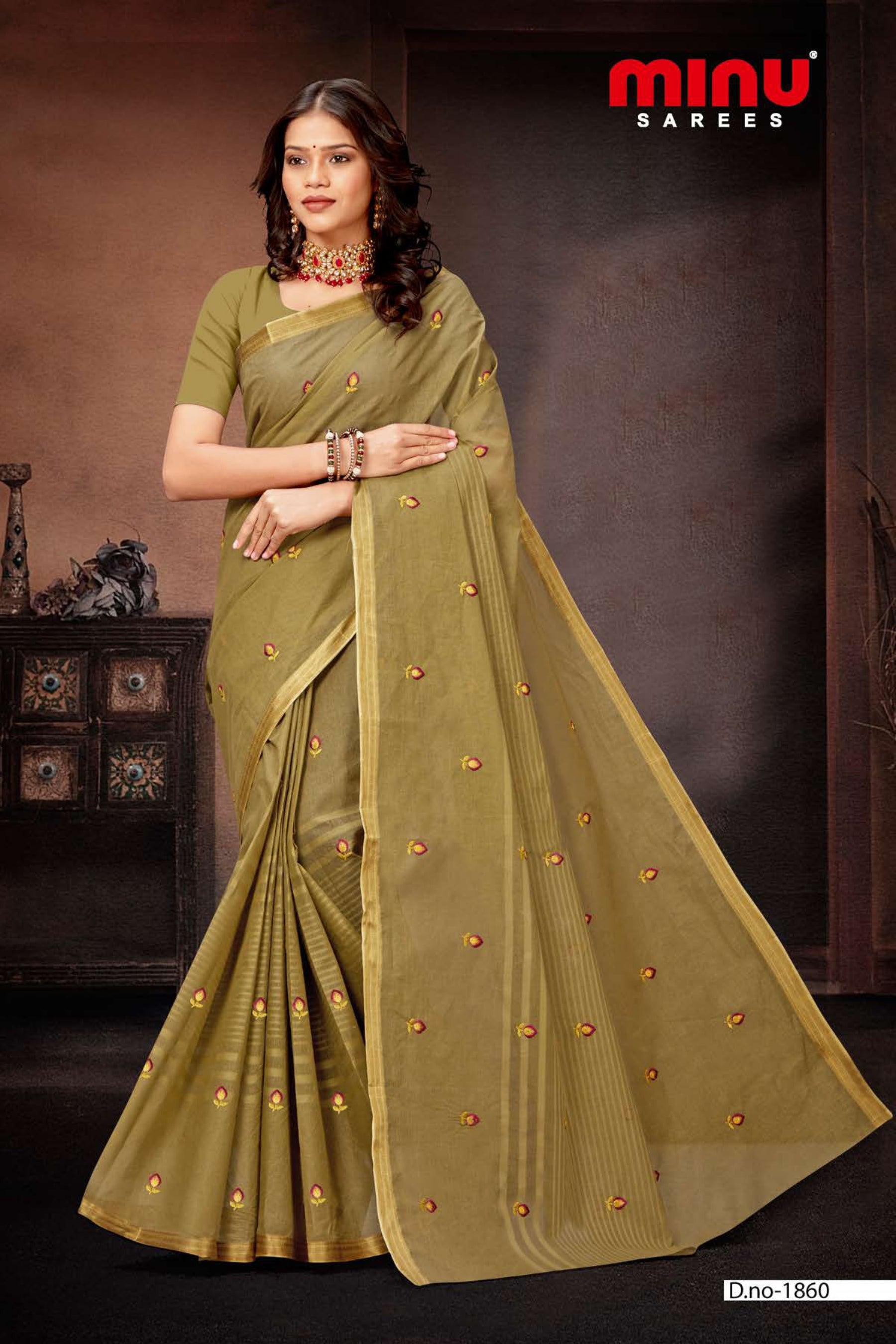 brown printed embroidered saree for resell online 