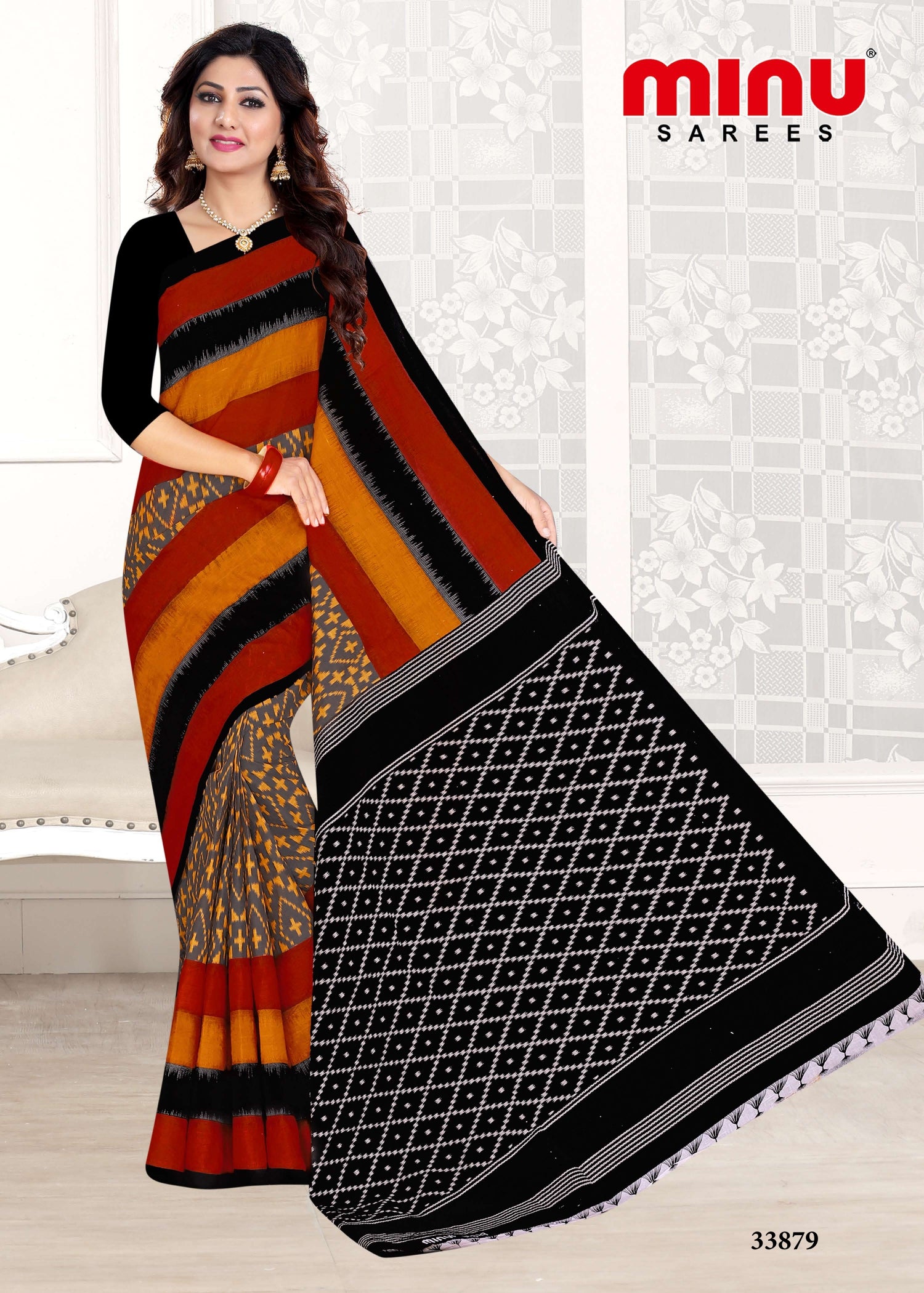 designer printed cotton saree wearing woman
