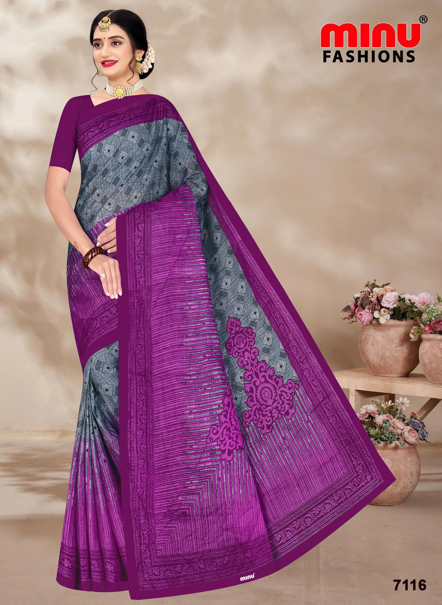 Purple printed Cotton Saree wholesale