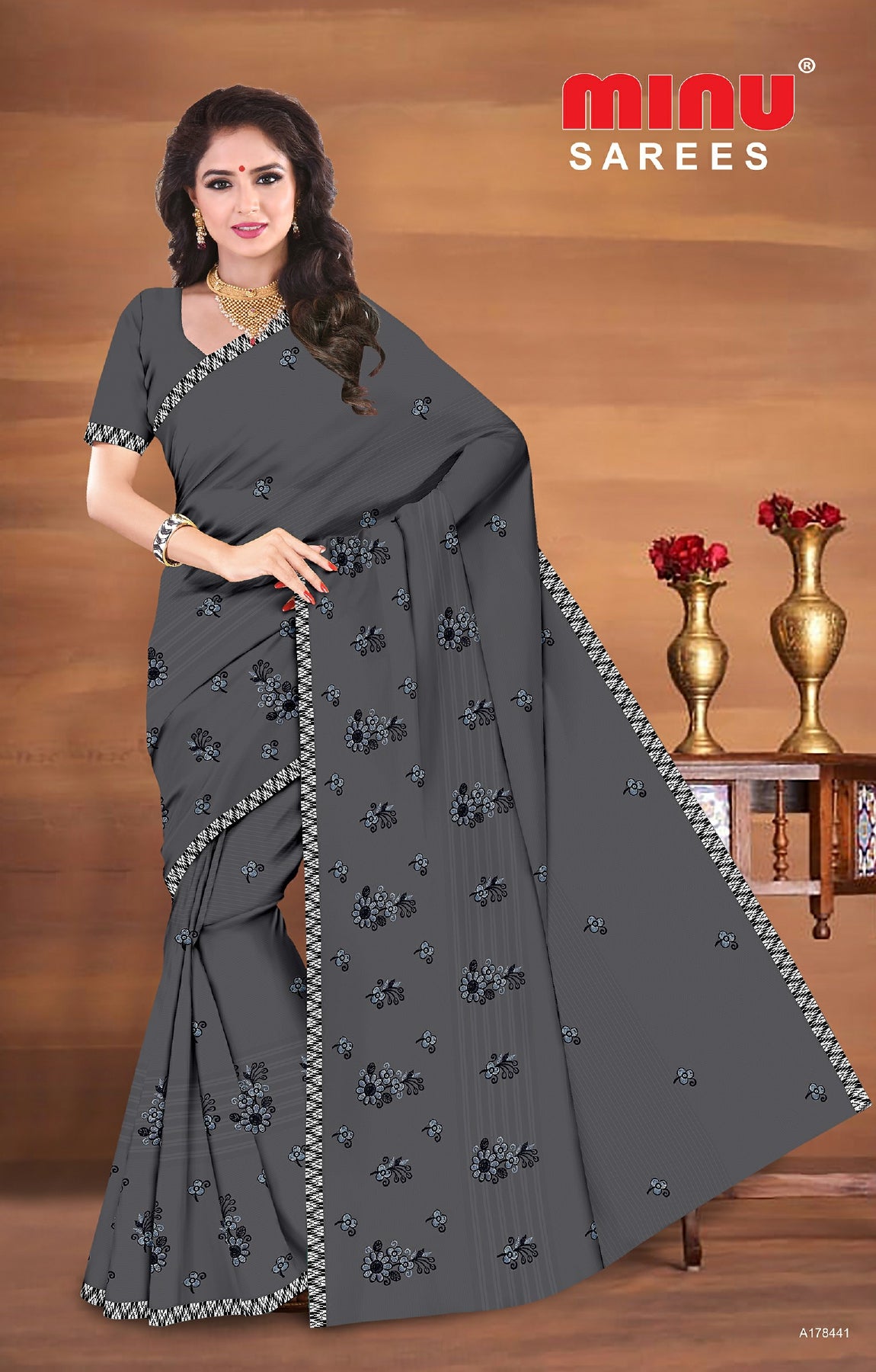 Grey color printed fancy and bold embroidered saree for women