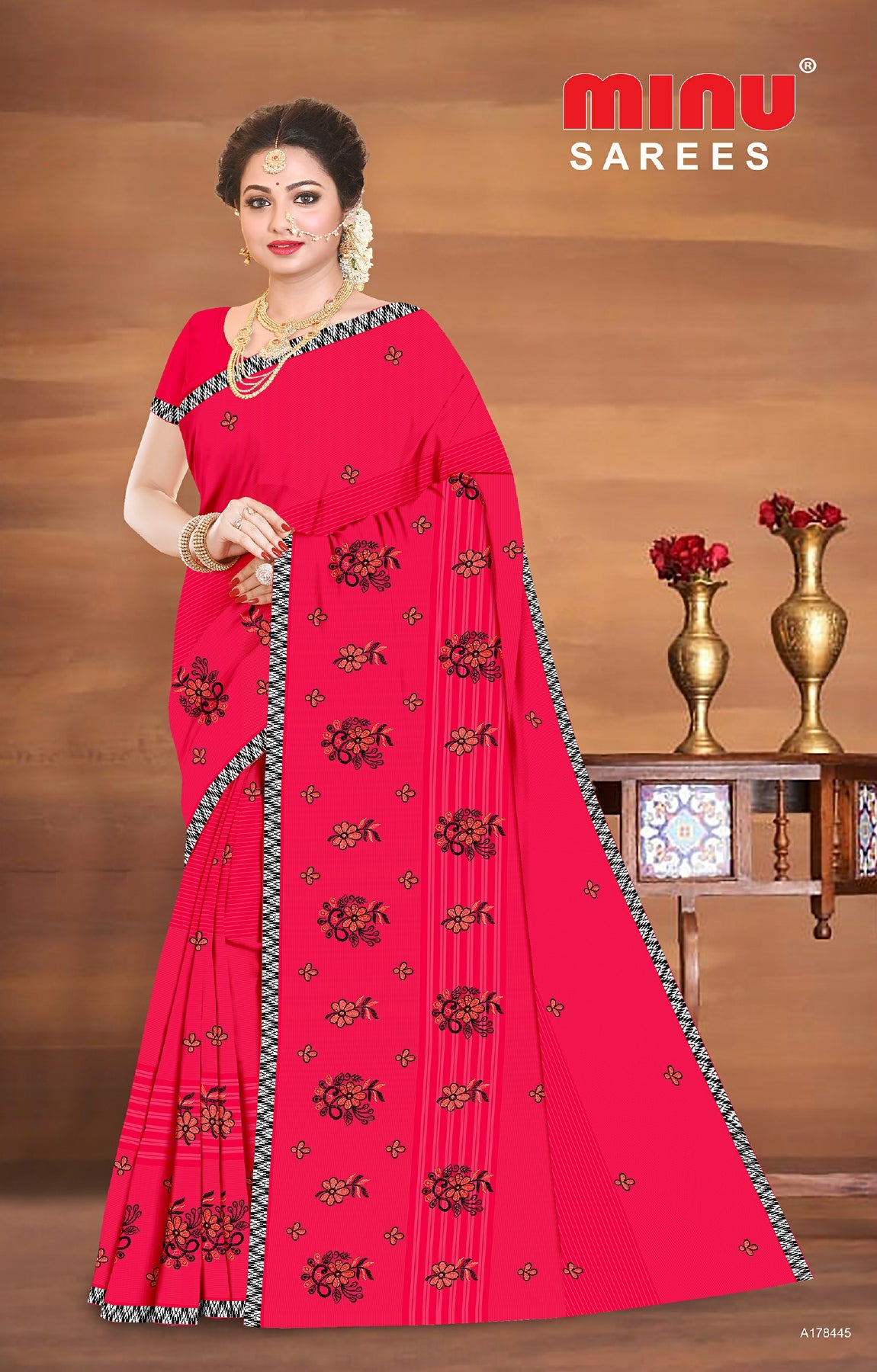 designer and bold red color printed embroidered saree