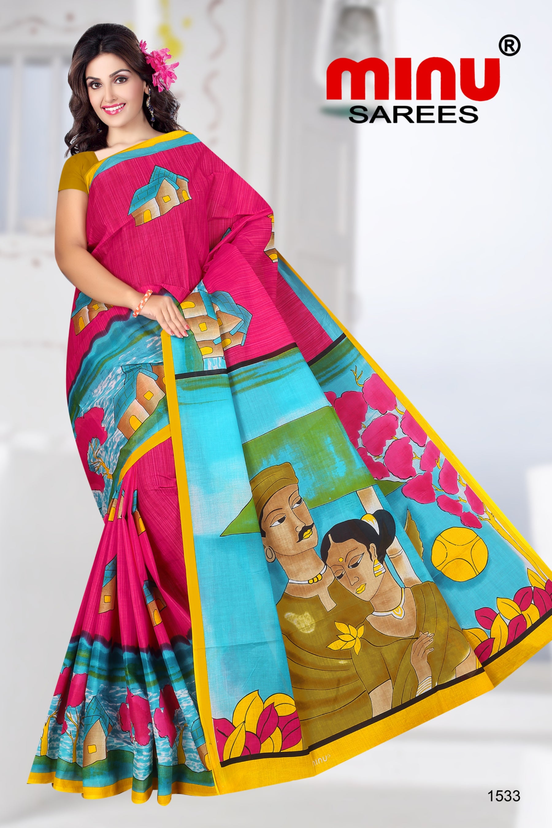 multi-color printed designer printed saree wearing woman