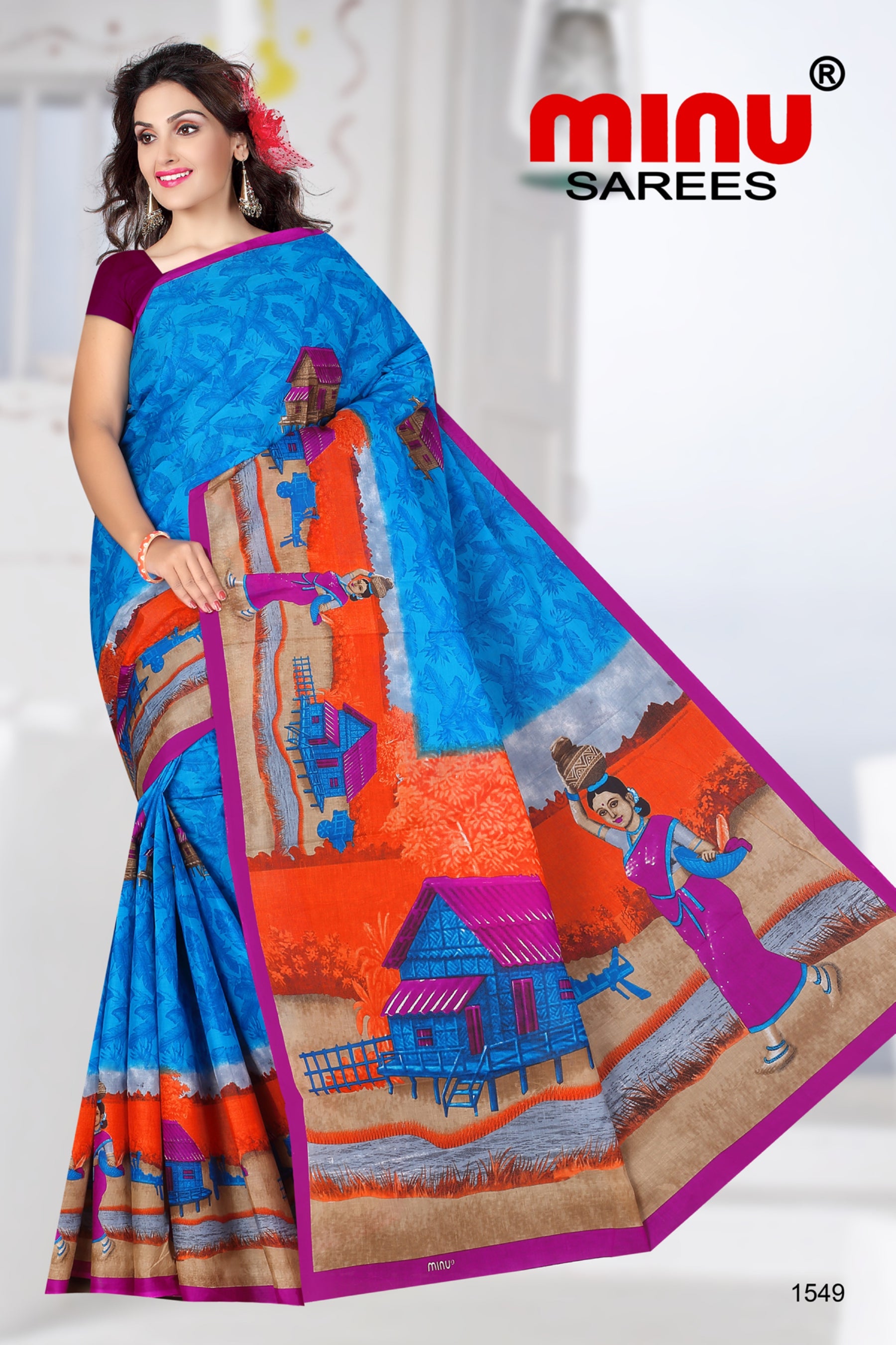 blue printed cotton saree at cheap prices for wholesalers