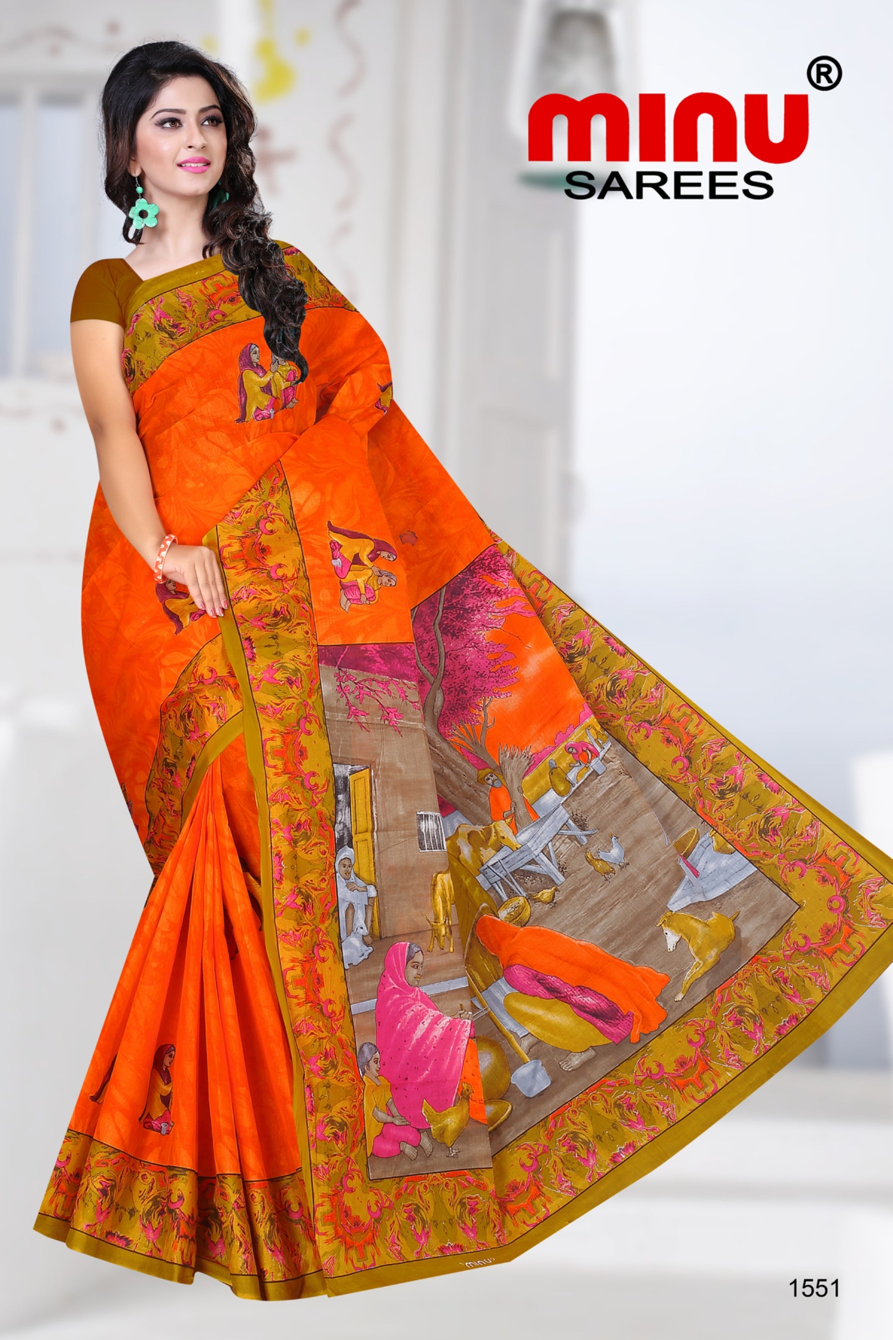 orange printed saree wearing woman 