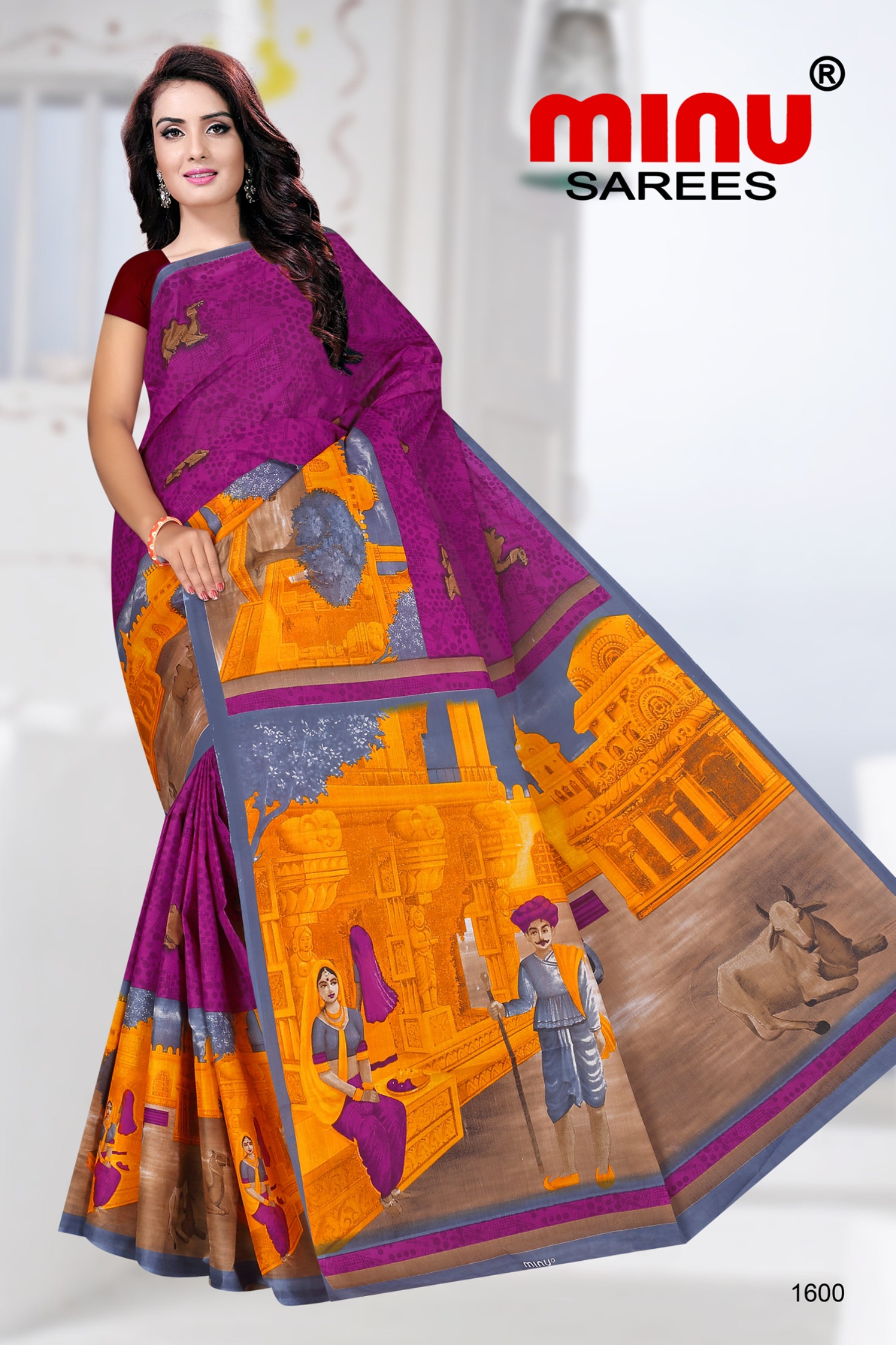 online image of woman wearing designer printed saree 