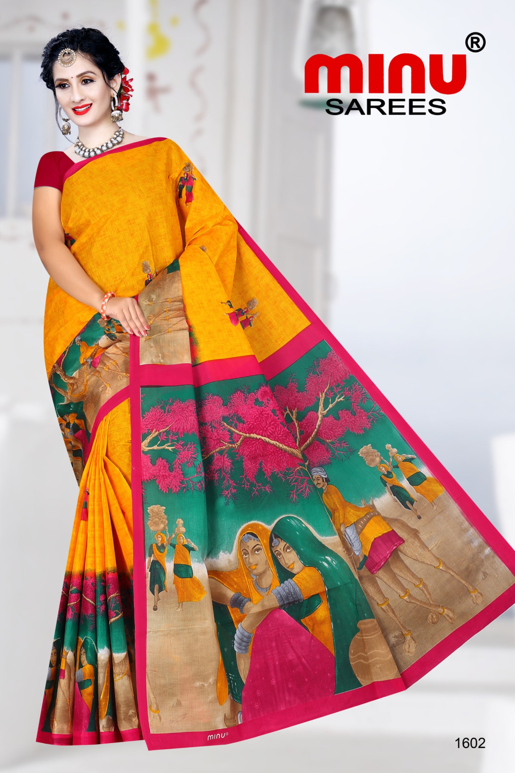 yellow color printed women's cotton saree 