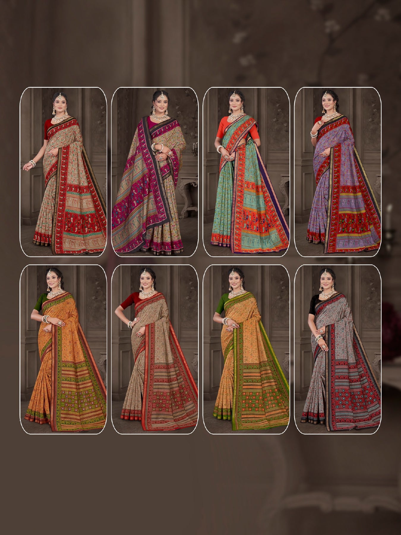 Saree Kanishka Slab Cotton Silk (Script) (8 Pcs)
