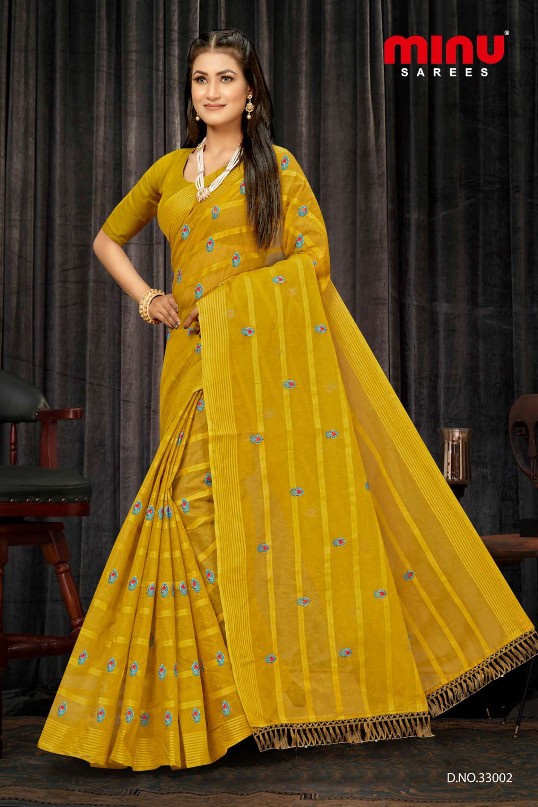 woman wearing yellow printed designer cotton saree