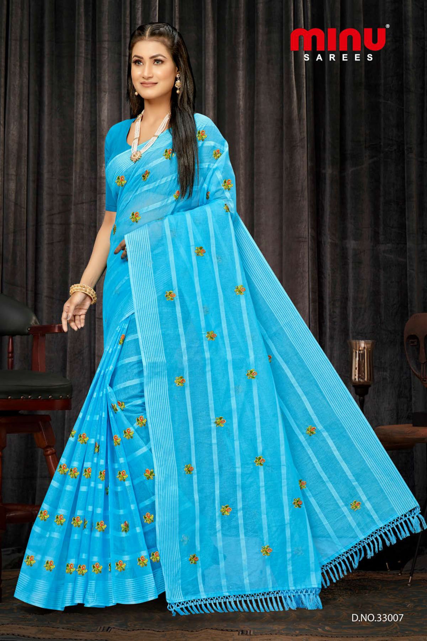 blue color printed cotton saree wearing woman