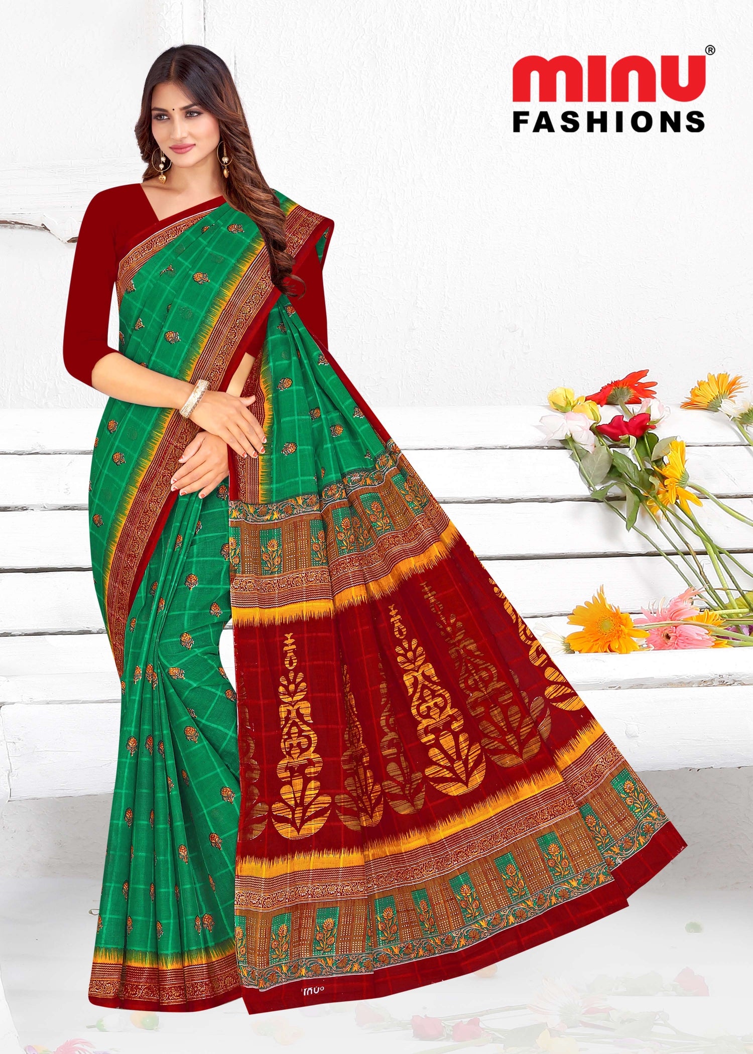 Green Cotton printed sarees for wholesale at low prices 