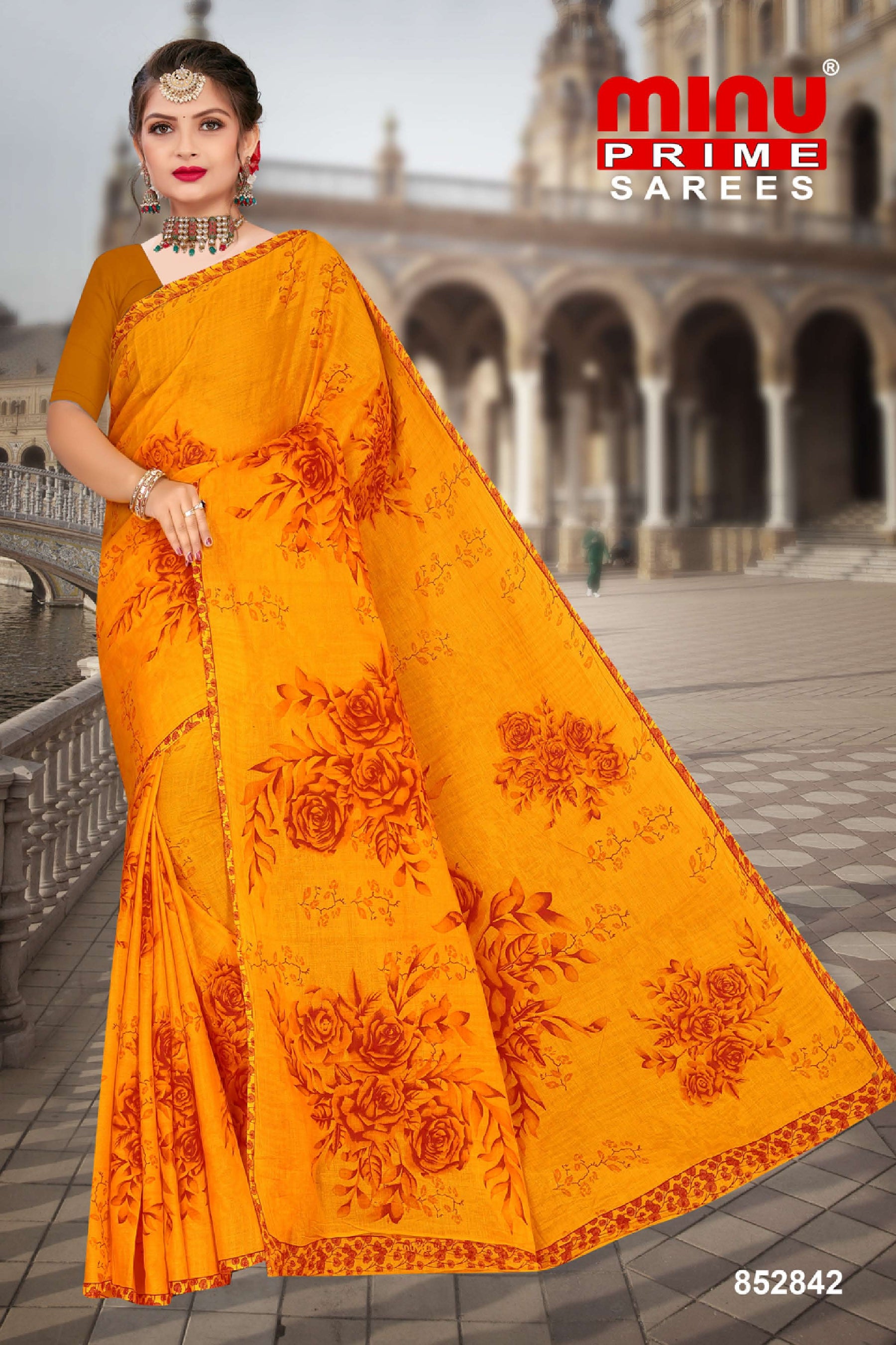 orange color printed cotton saree wholesale at low prices 