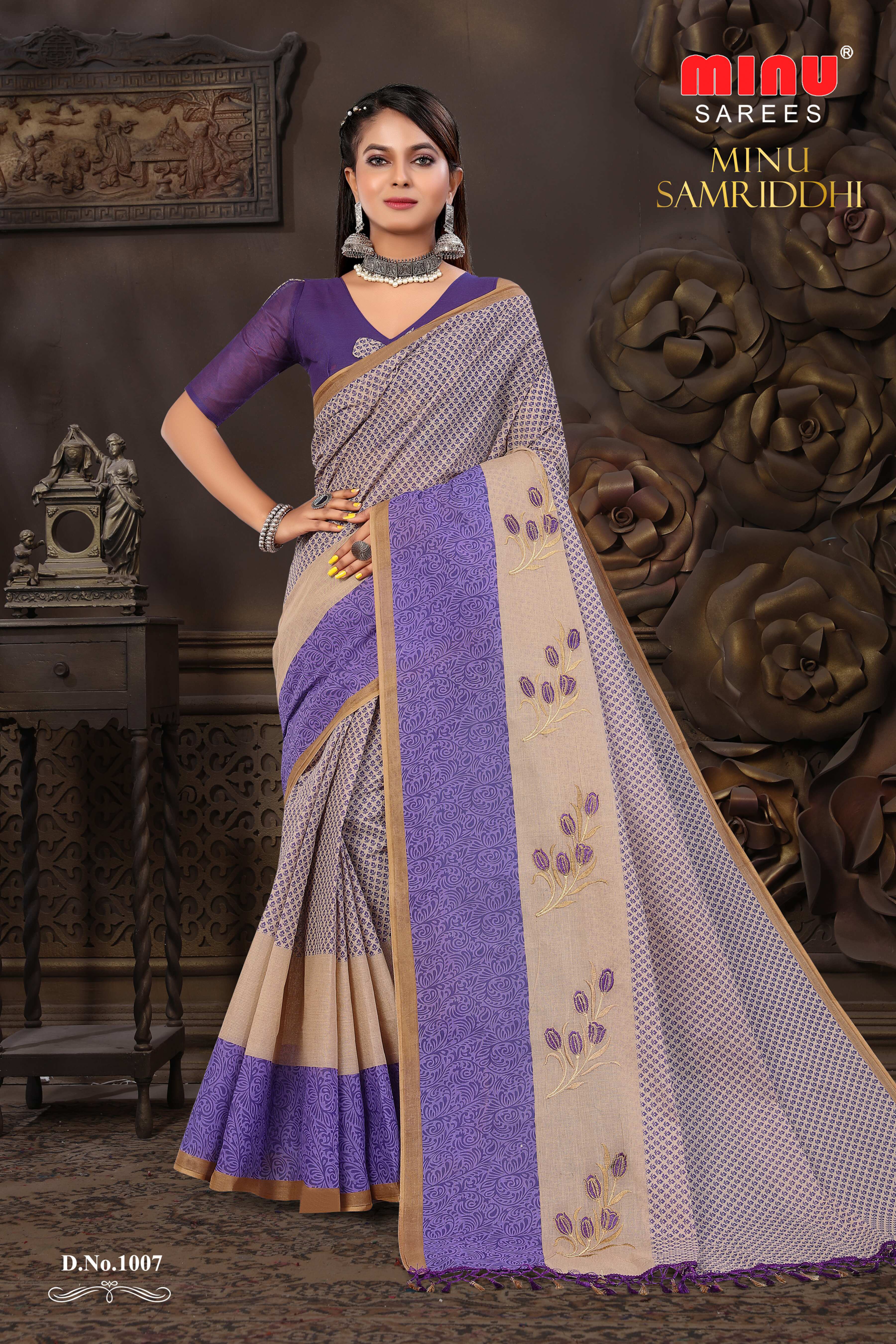 designer printed cotton saree wearing woman