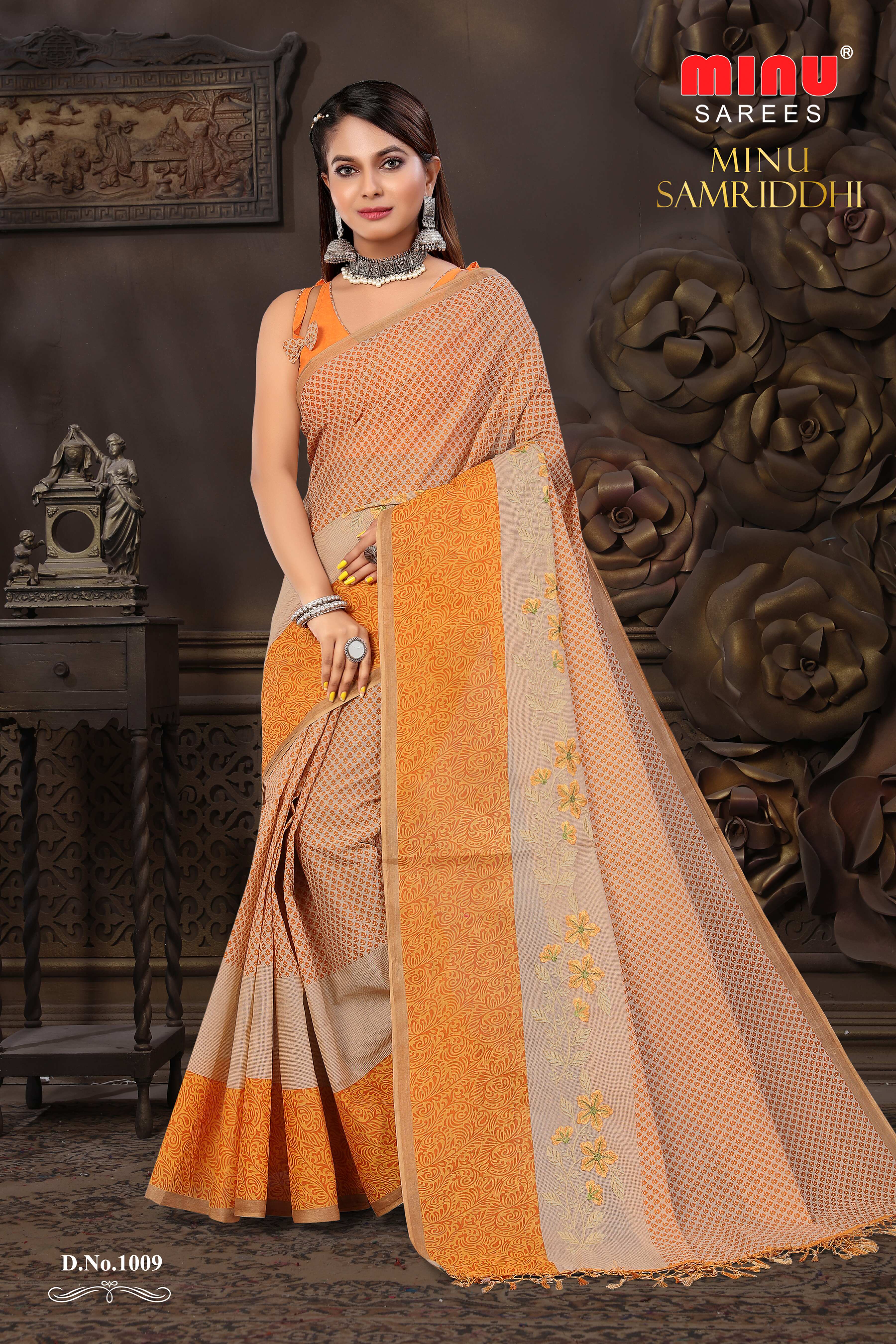 top-quality orange printed saree online wholesale