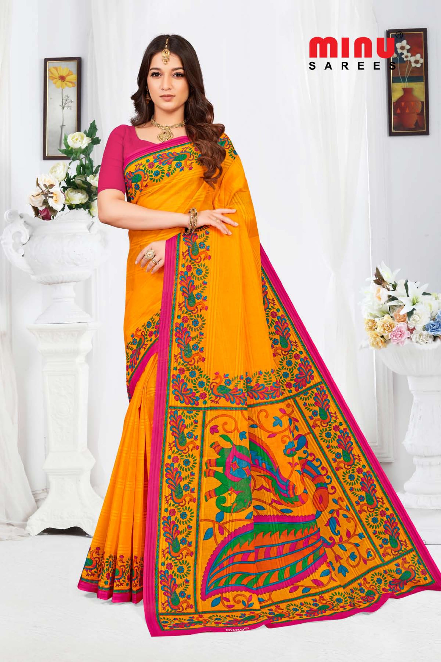 fashionable and bold orange printed saree online