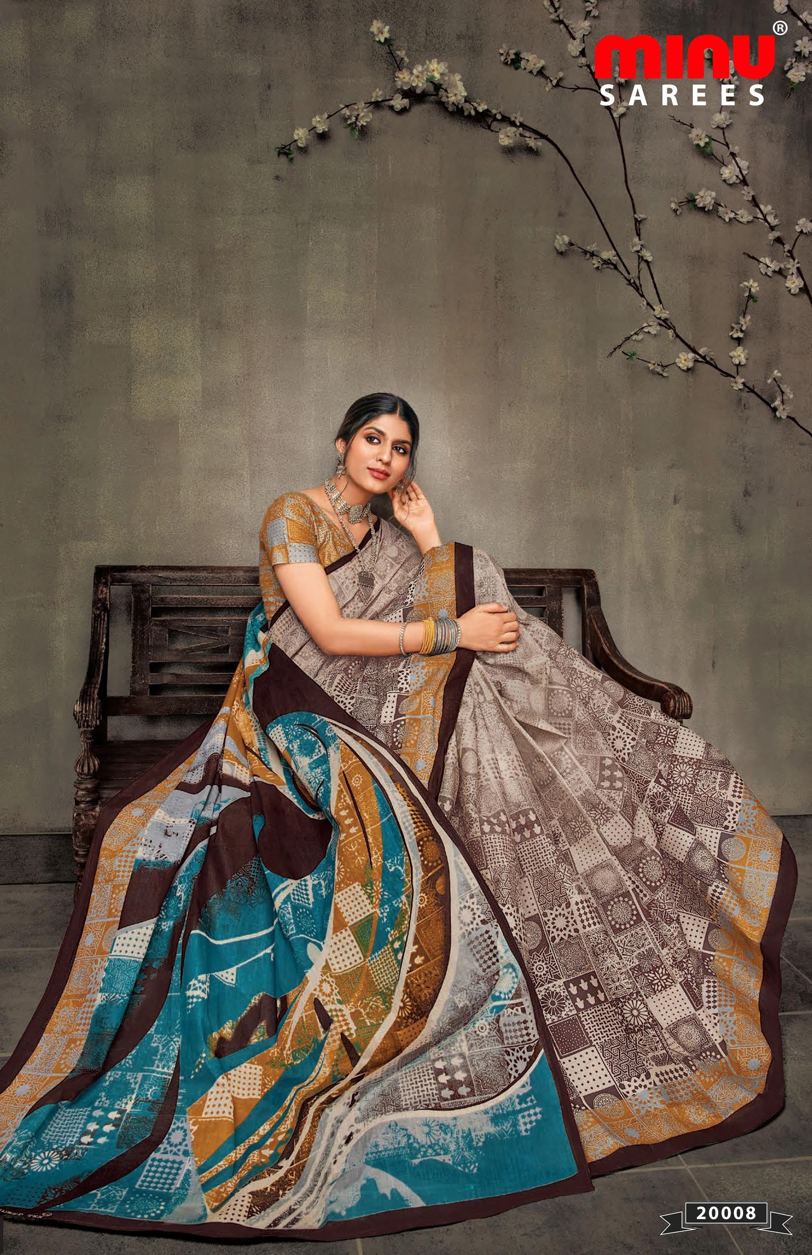 Online image of woman in a bold and designer printed saree