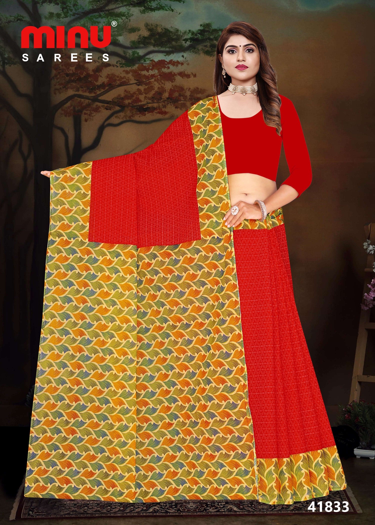 Woman wearing color printed cotton saree for sale 
