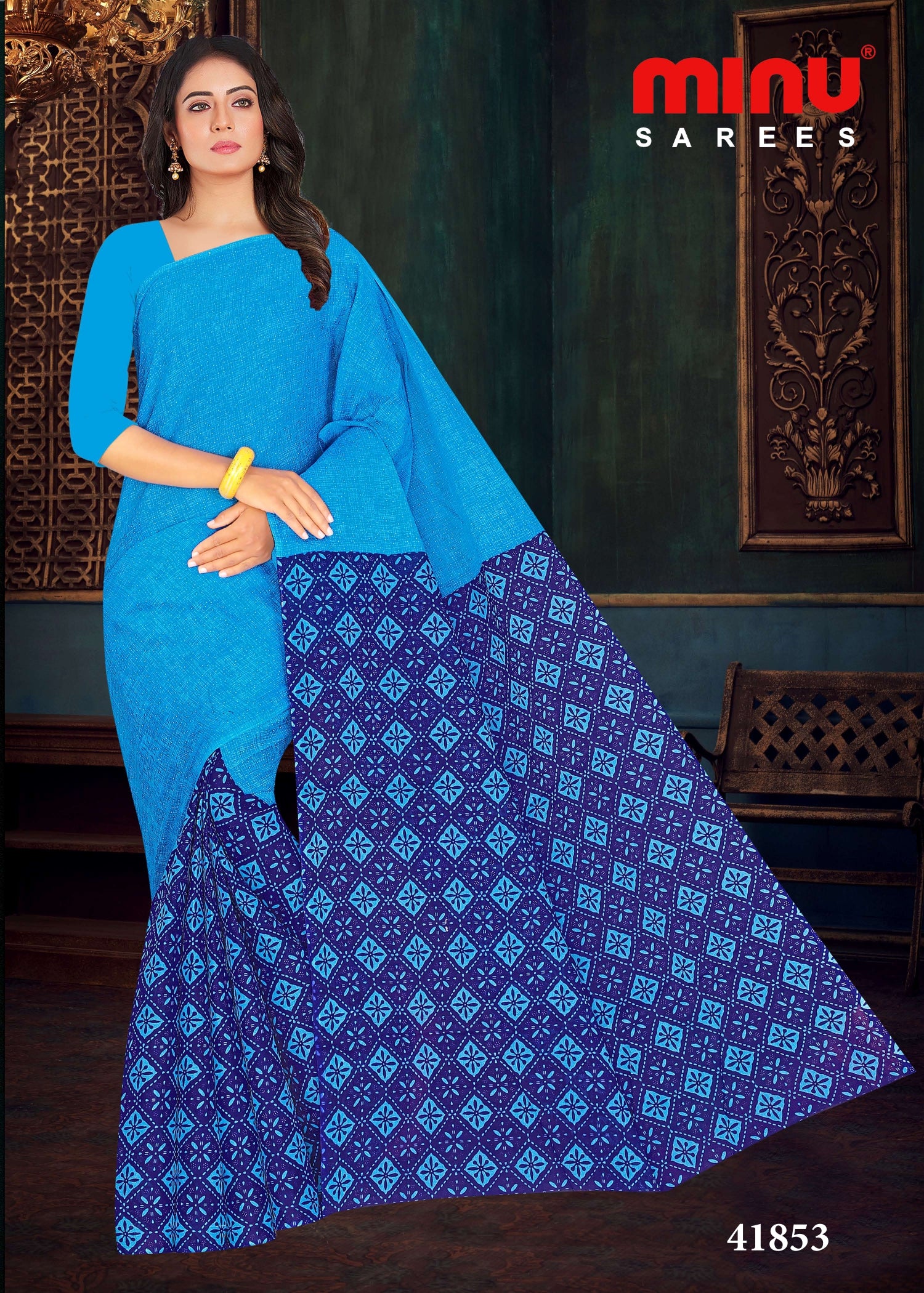 Blue printed bold and classy cotton saree online 