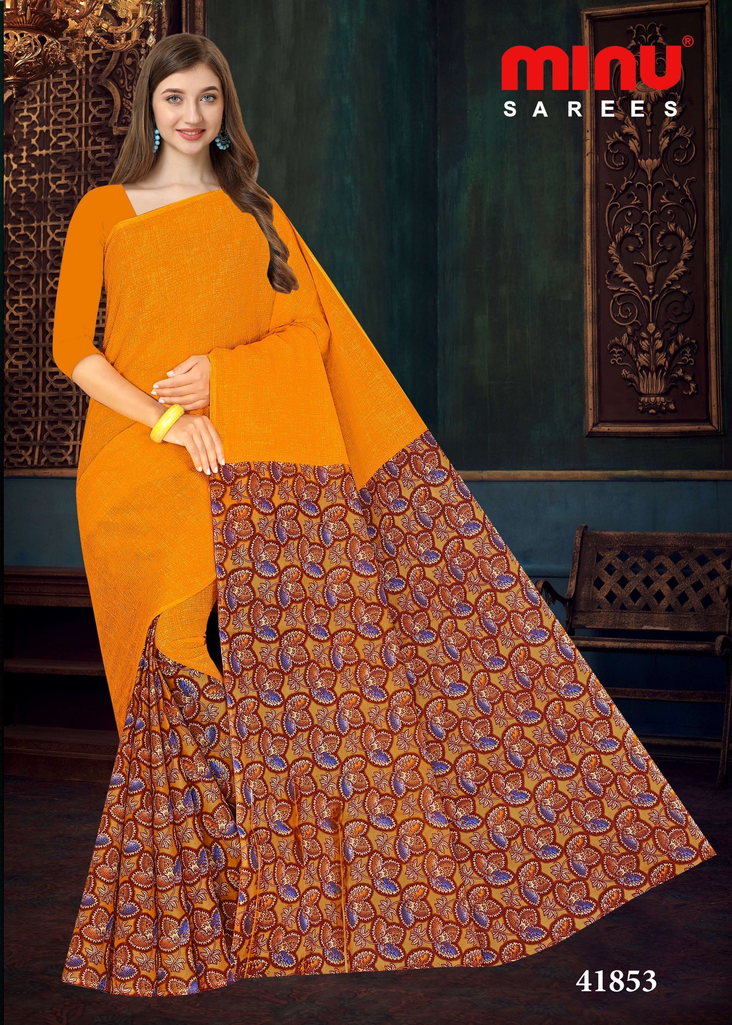 Orange printed designer cotton saree at wholesale price