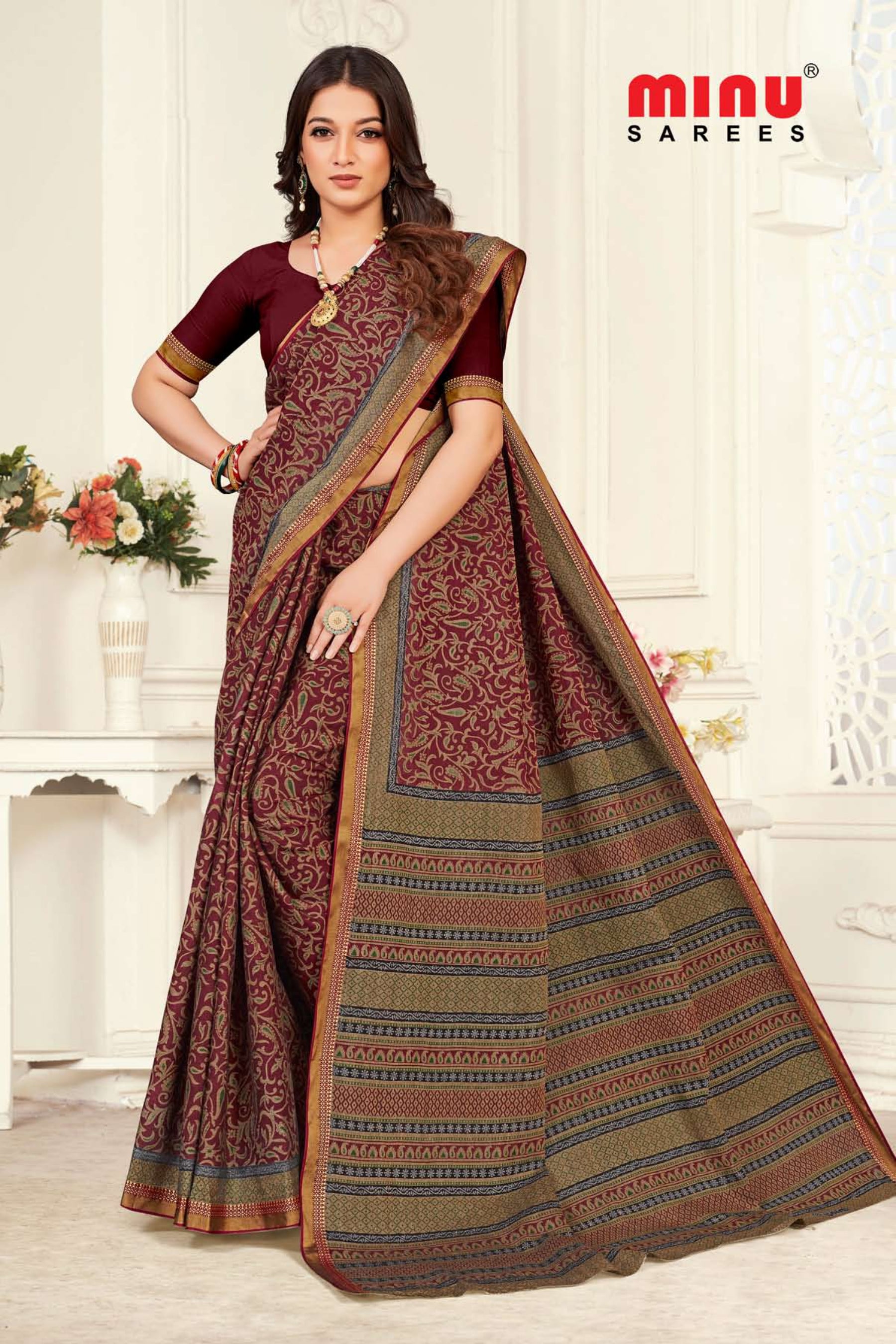top-quality cotton printed saree wearing woman