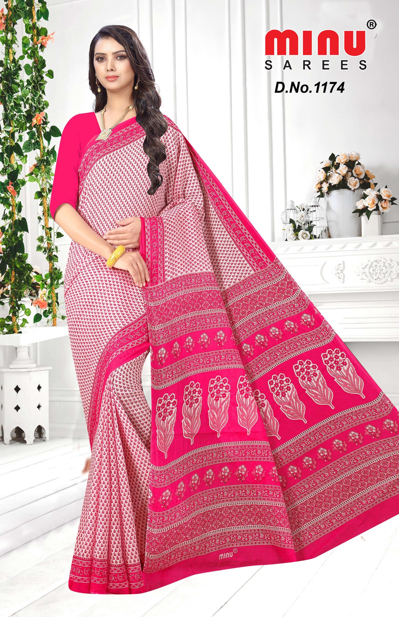 pink color printed cotton saree for online wholesale