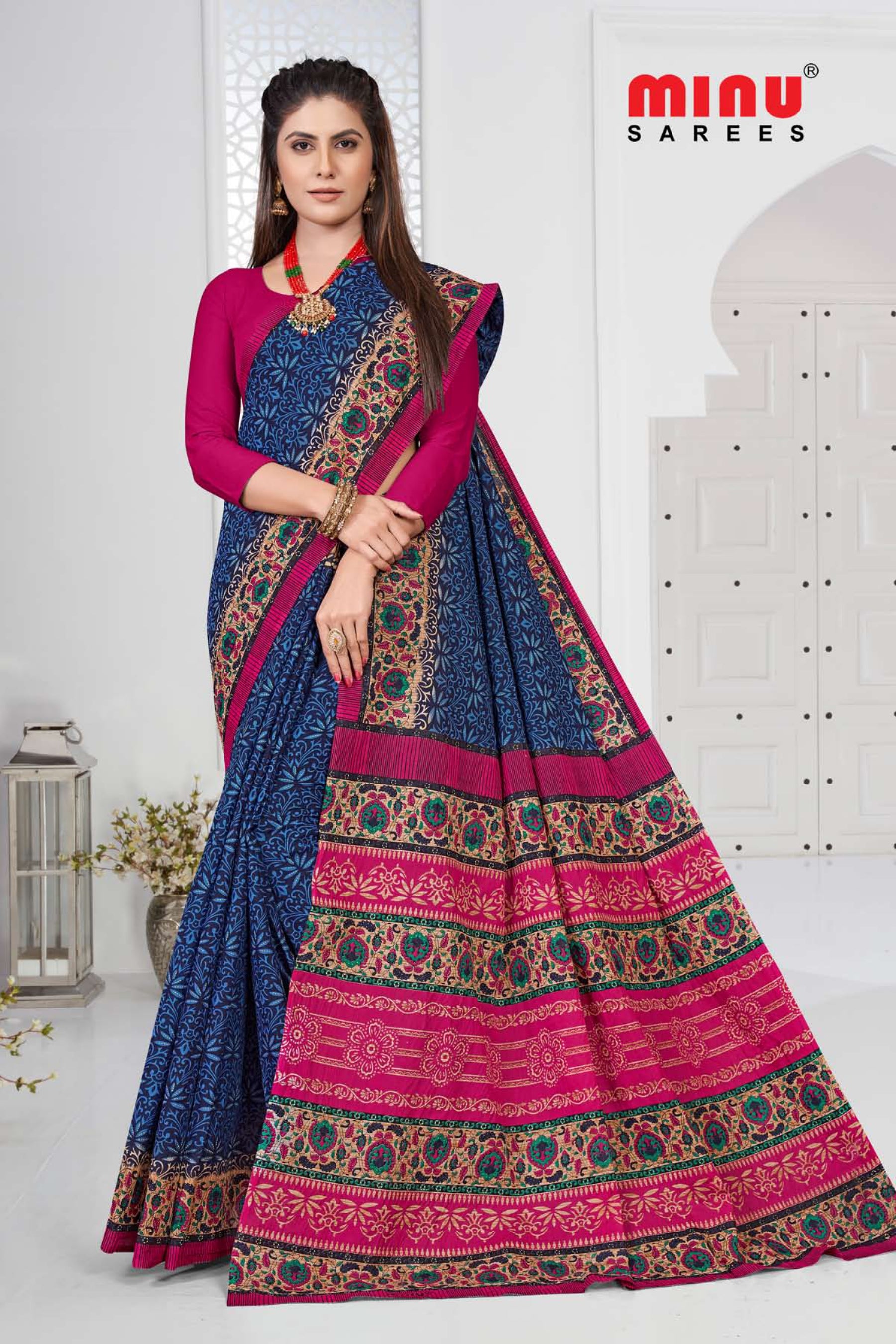 Blue color printed saree for online retailers
