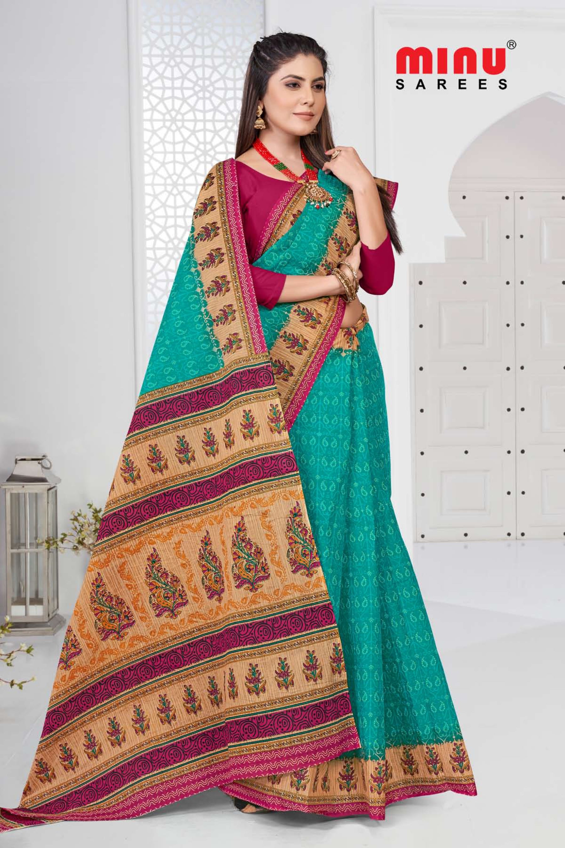 Woman wearing fashionable printed saree