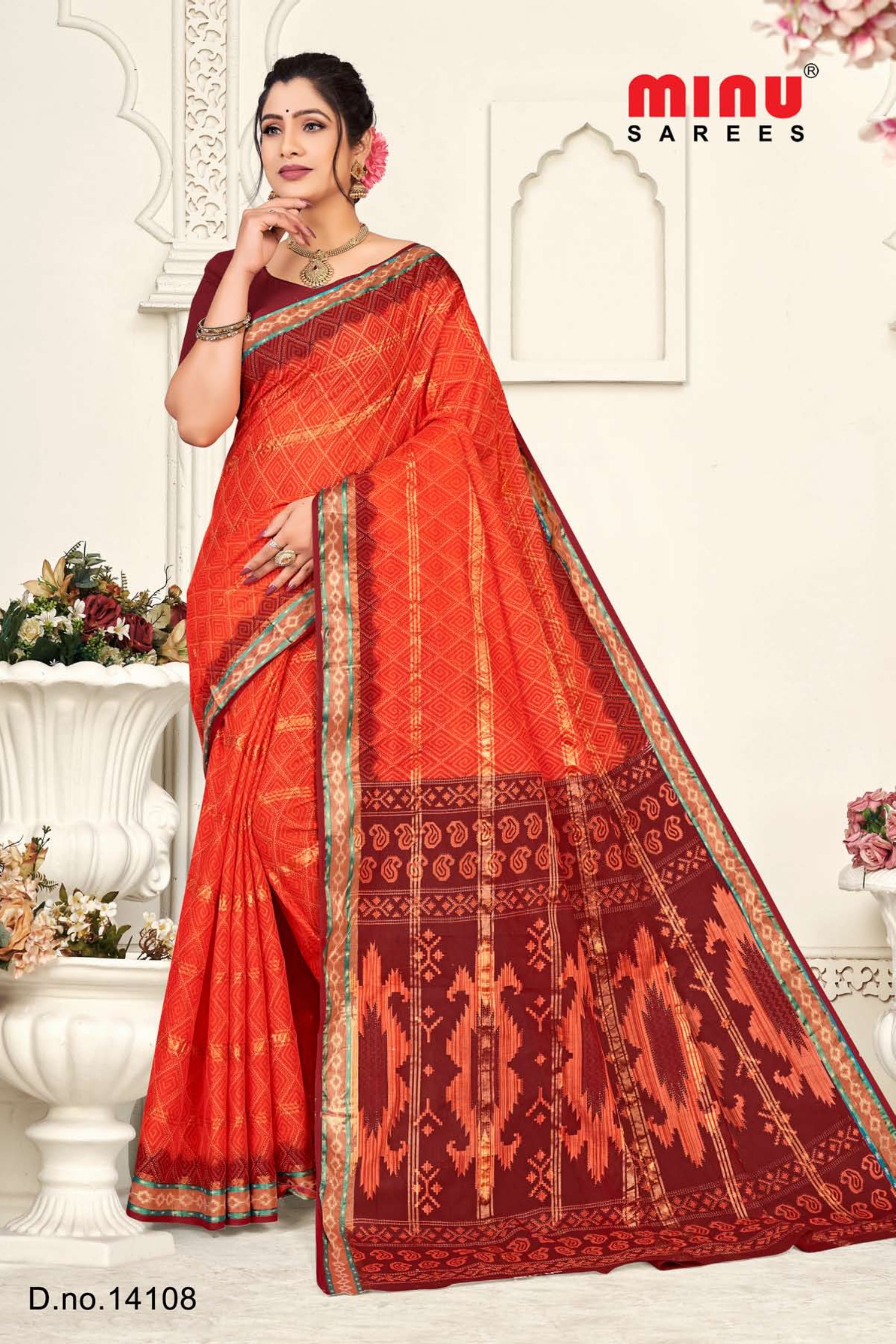 red color printed cotton saree wearing woman