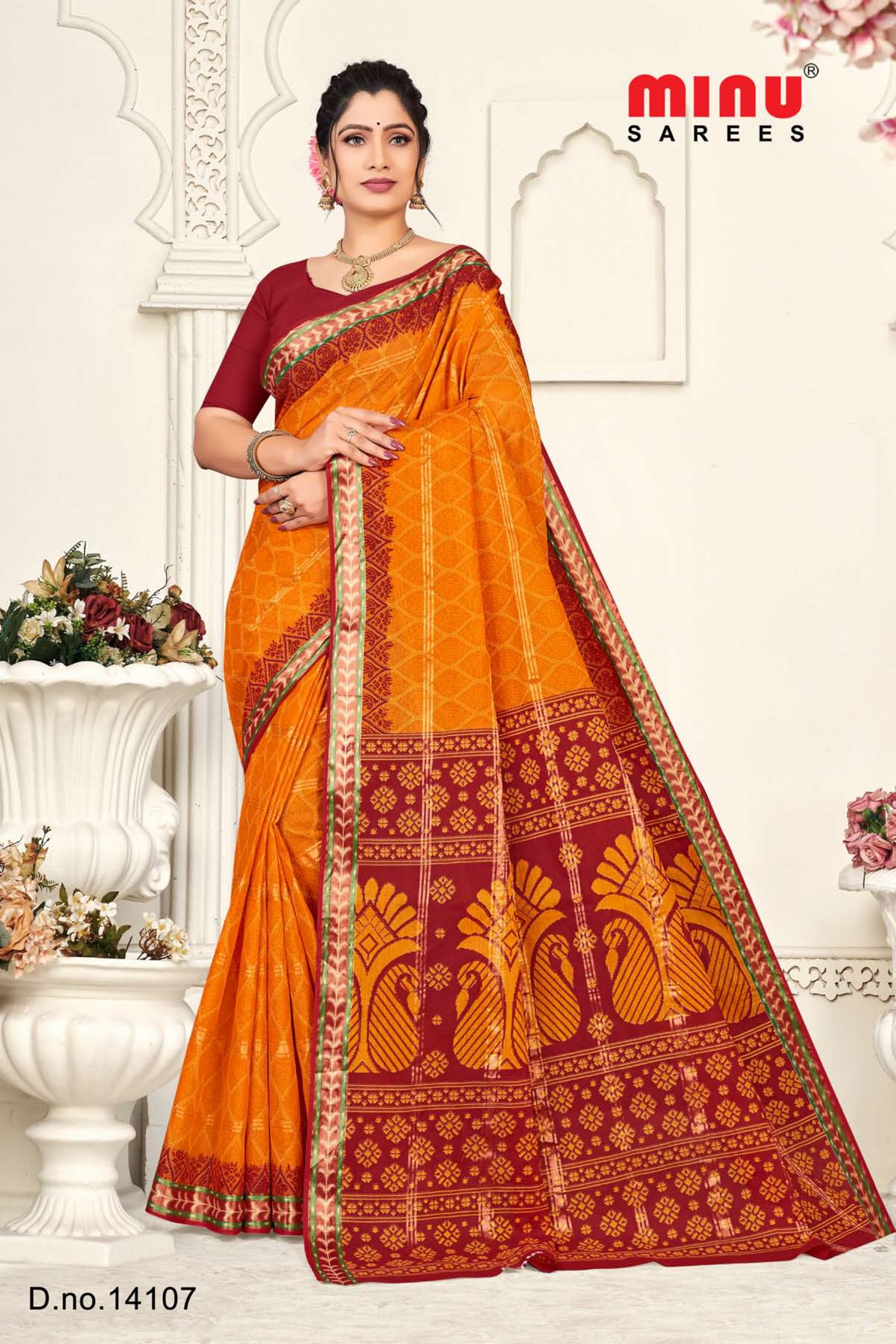 online image of orange cotton saree for resellers