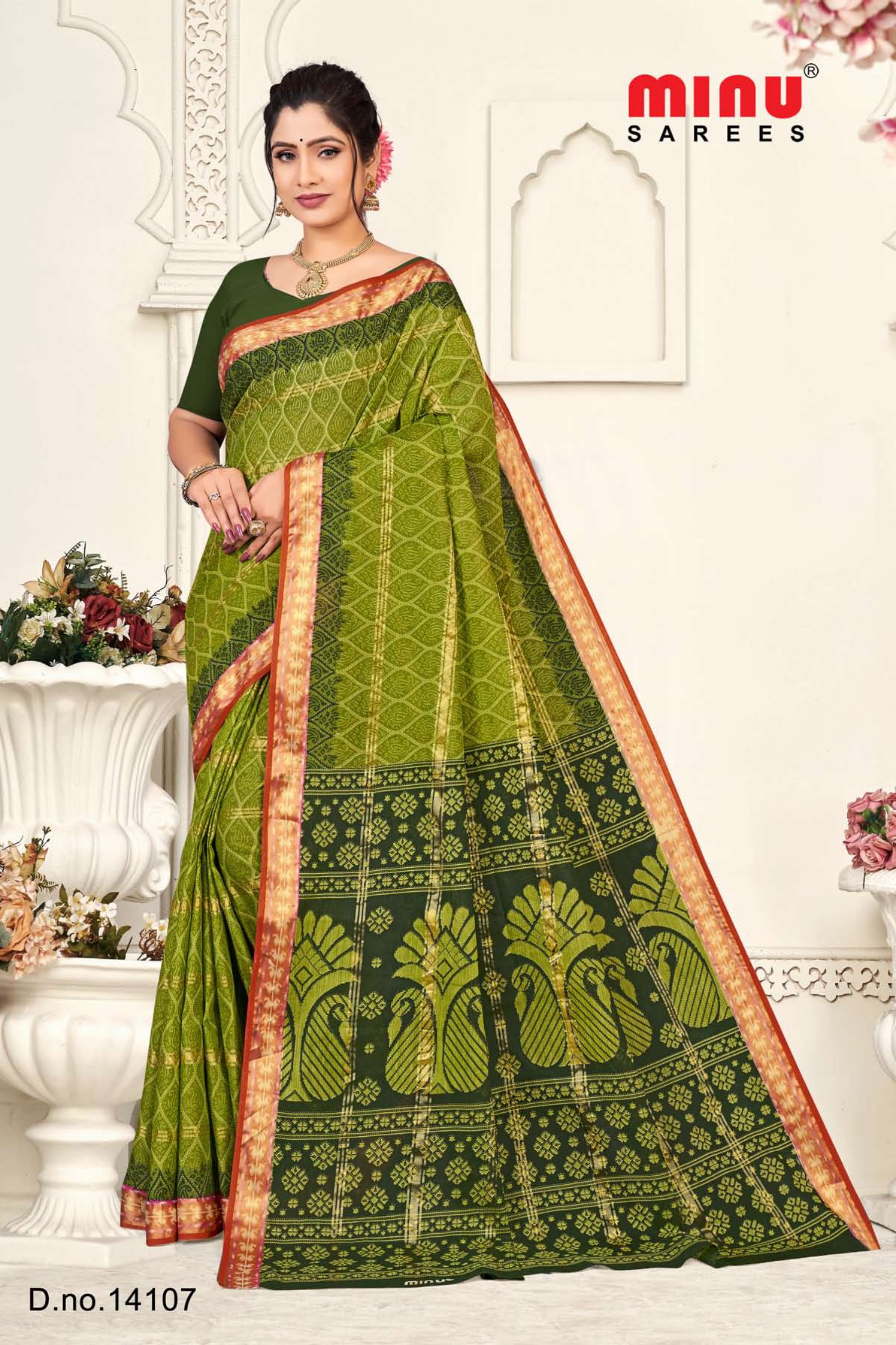 green color printed wholesale cotton saree 