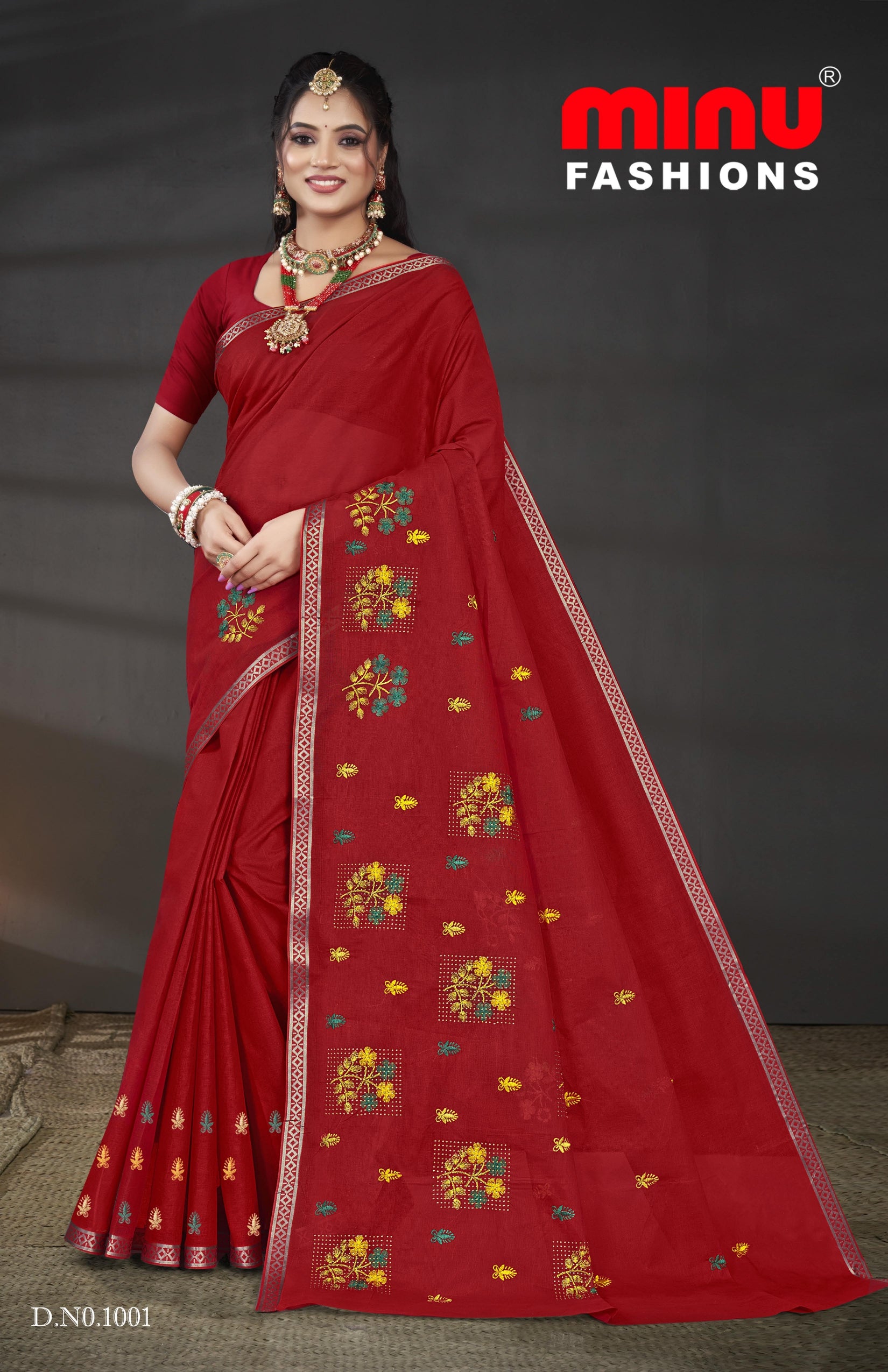 Embroidered Cotton Saree Pankhuri (Special Rate) - 08 Pcs Set