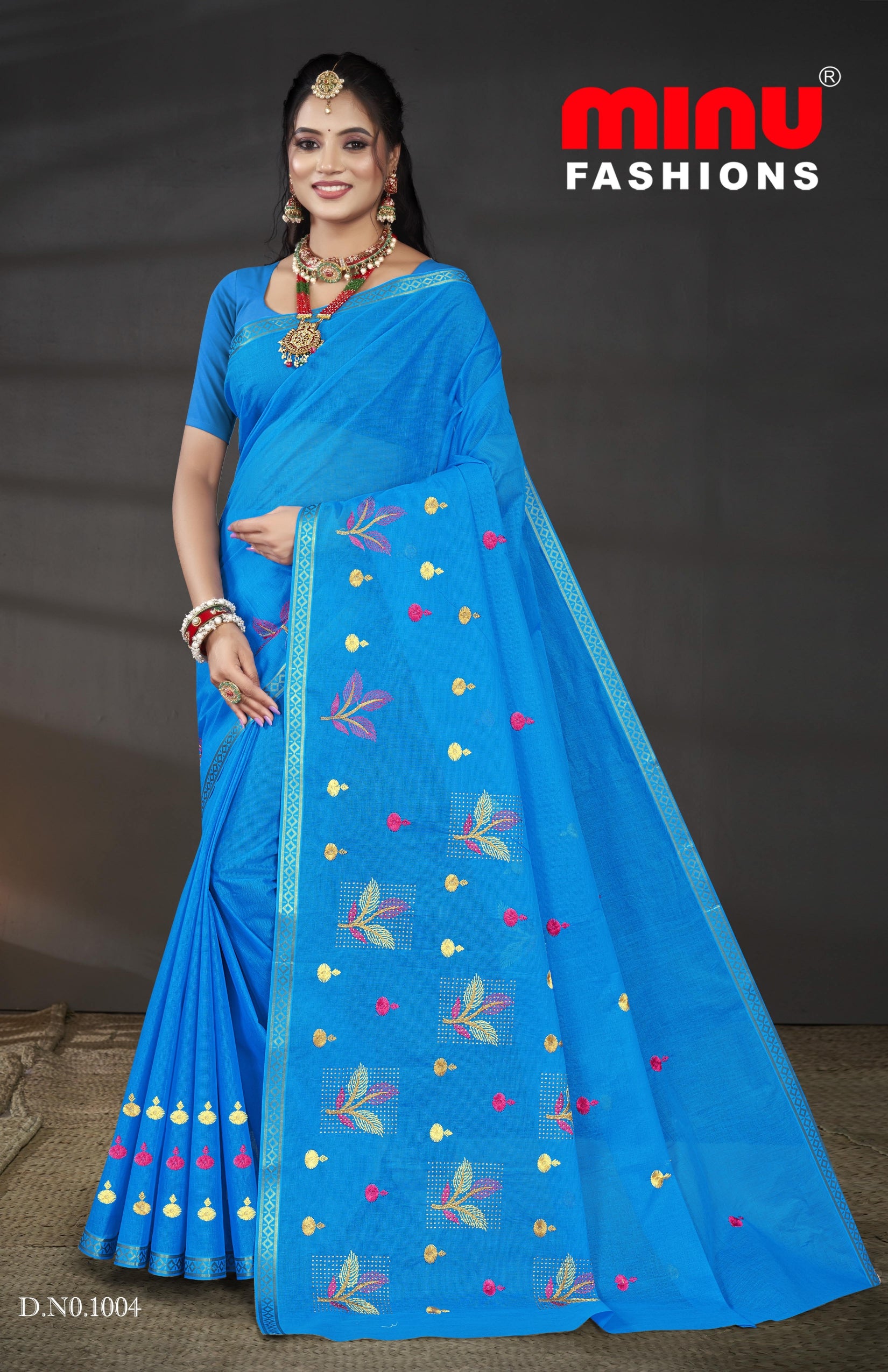 Embroidered Cotton Saree Pankhuri (Special Rate) - 08 Pcs Set