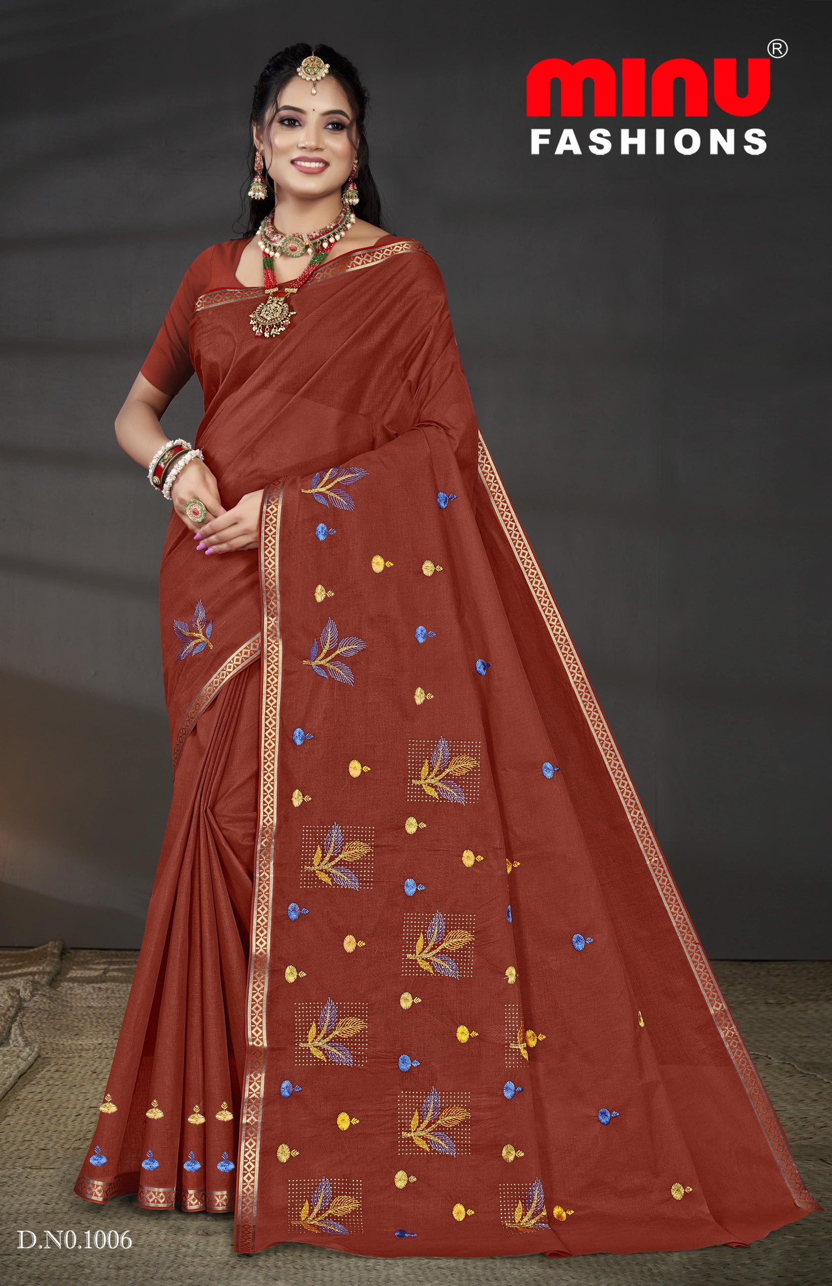 Embroidered Cotton Saree Pankhuri (Special Rate) - 08 Pcs Set