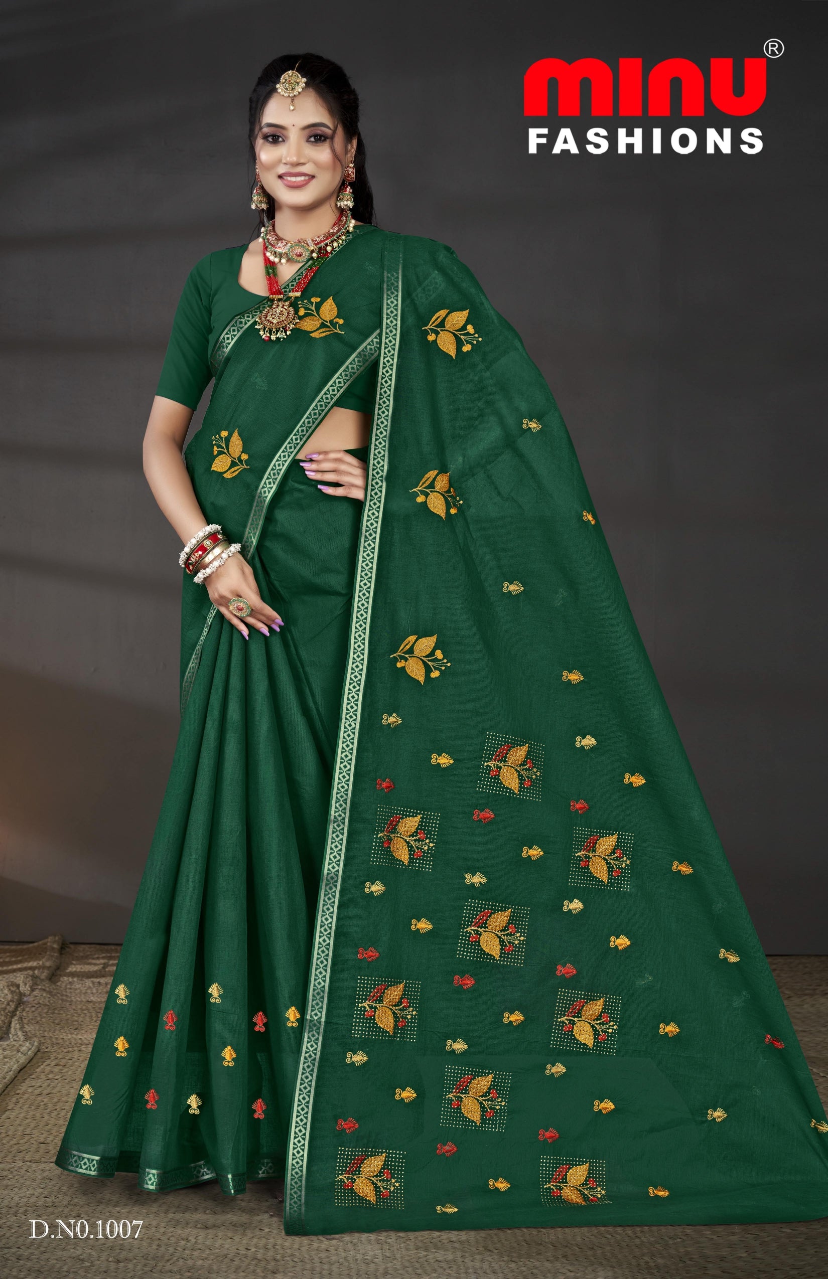 Embroidered Cotton Saree Pankhuri (Special Rate) - 08 Pcs Set