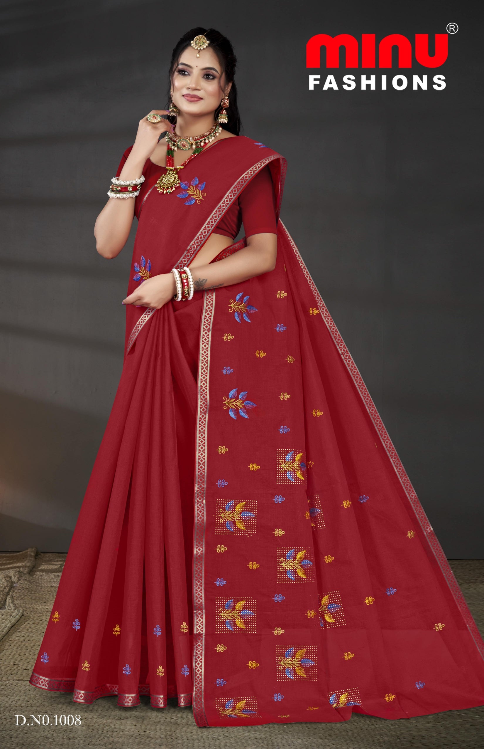 Embroidered Cotton Saree Pankhuri (Special Rate) - 08 Pcs Set