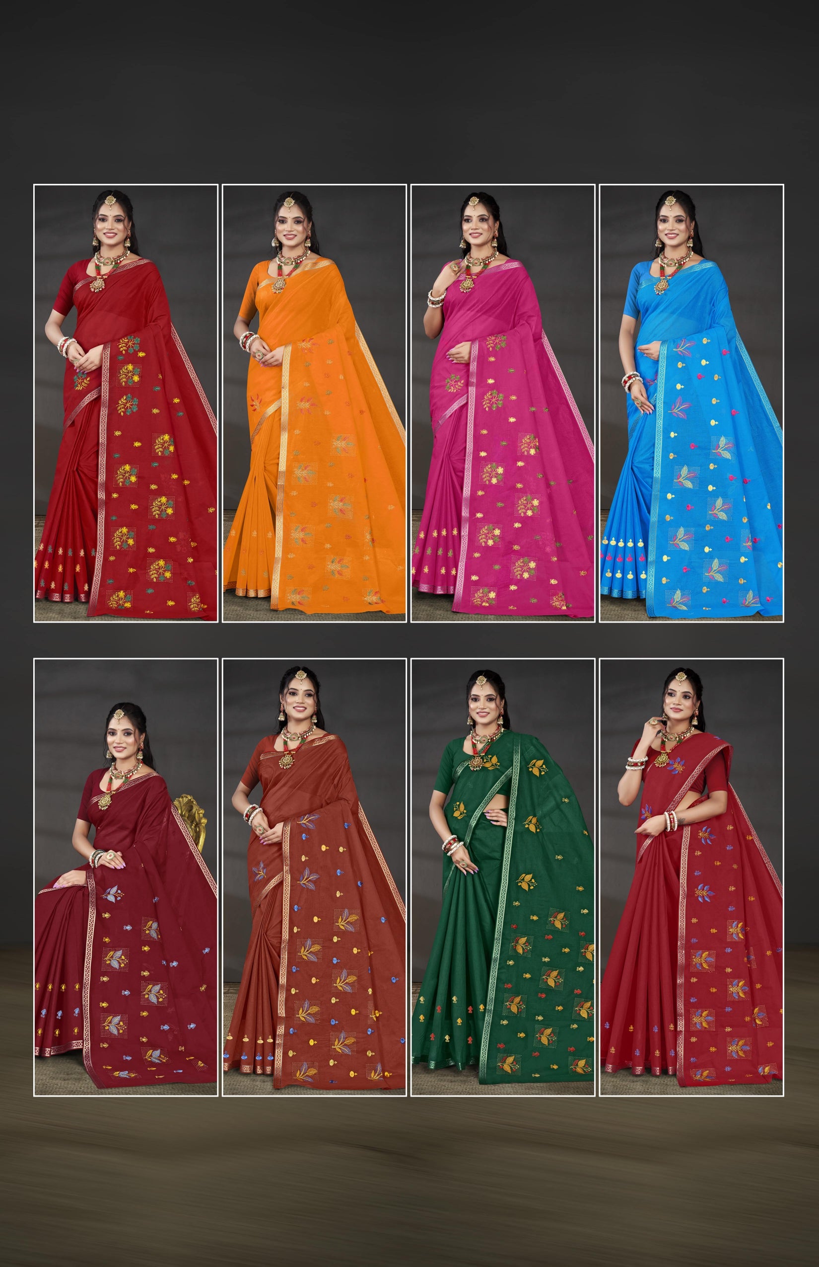 Embroidered Cotton Saree Pankhuri (Special Rate) - 08 Pcs Set