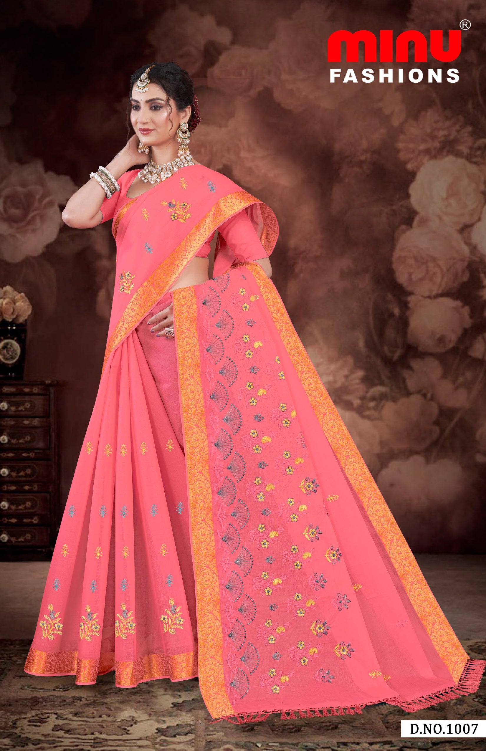 Embroidered Cotton Saree Parinda (Special Rate) - 08 Pcs Set
