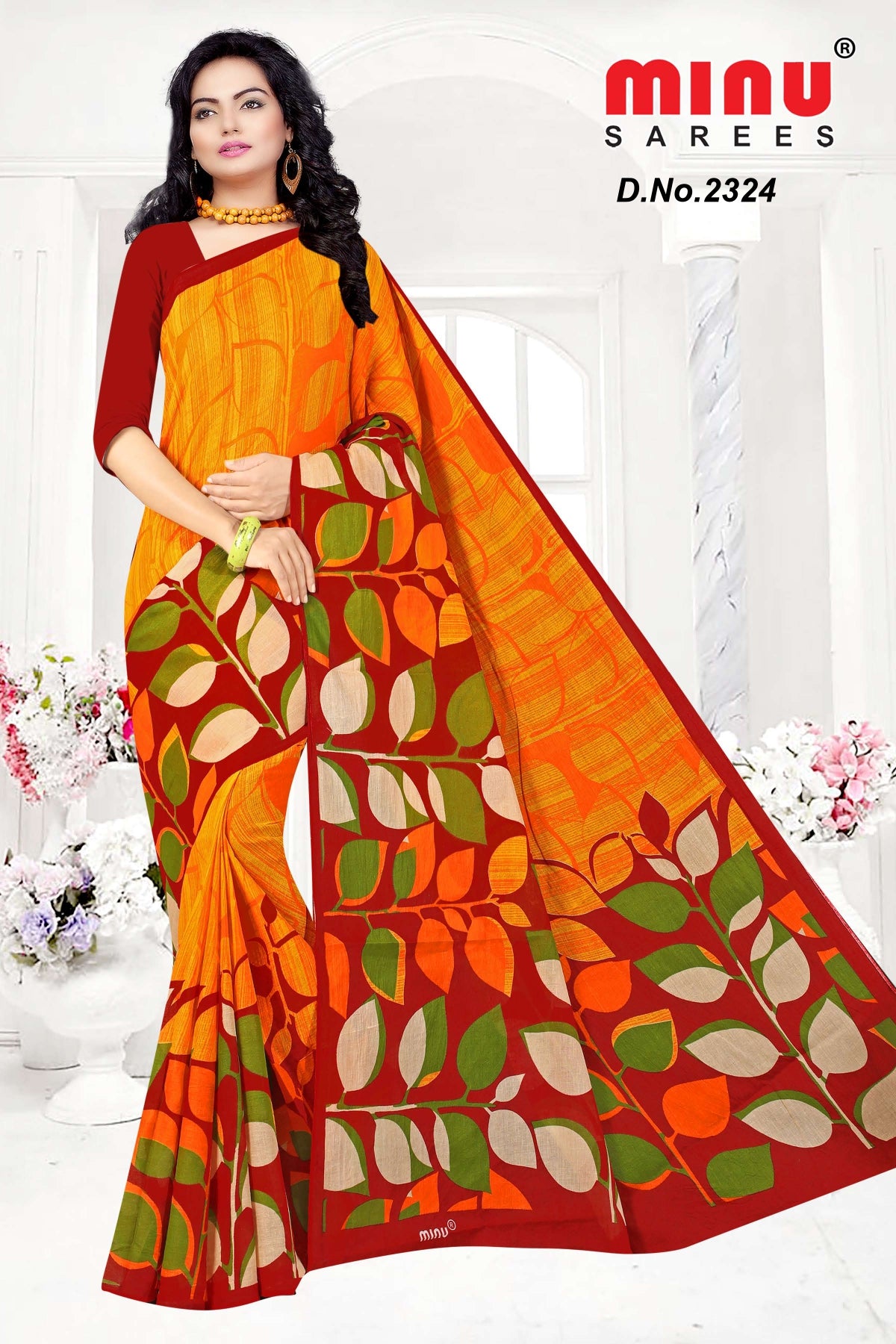 Orange color printed saree for retail online 
