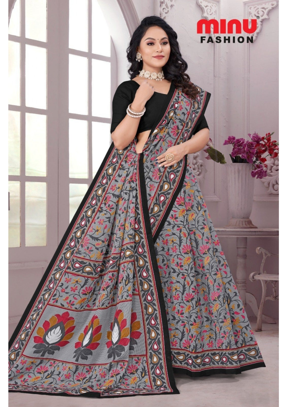 Printed Cotton Saree Priyatama Mithila - 8 Pcs Set