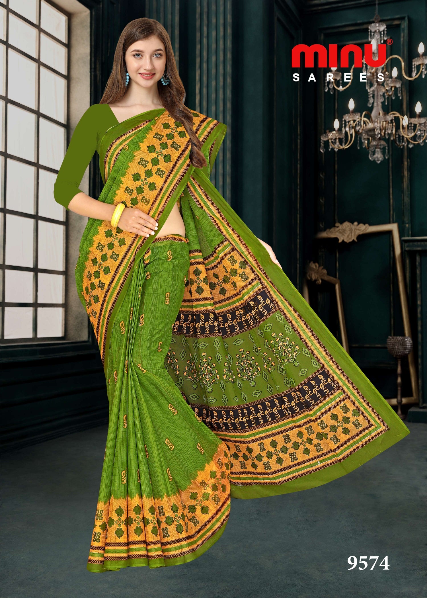 Green printed cotton saree wearing woman 