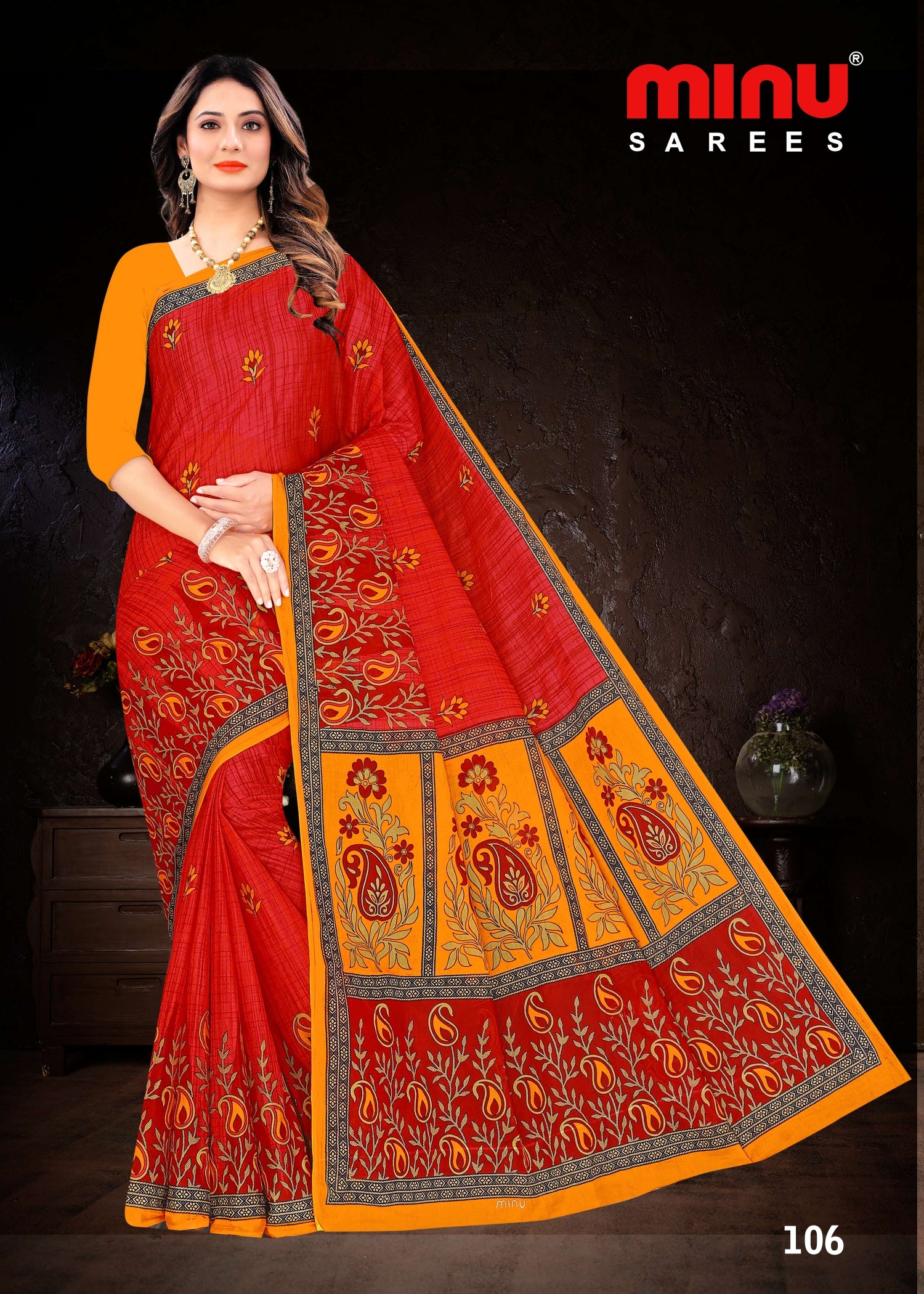 red color printed cotton saree for Durga Puja 