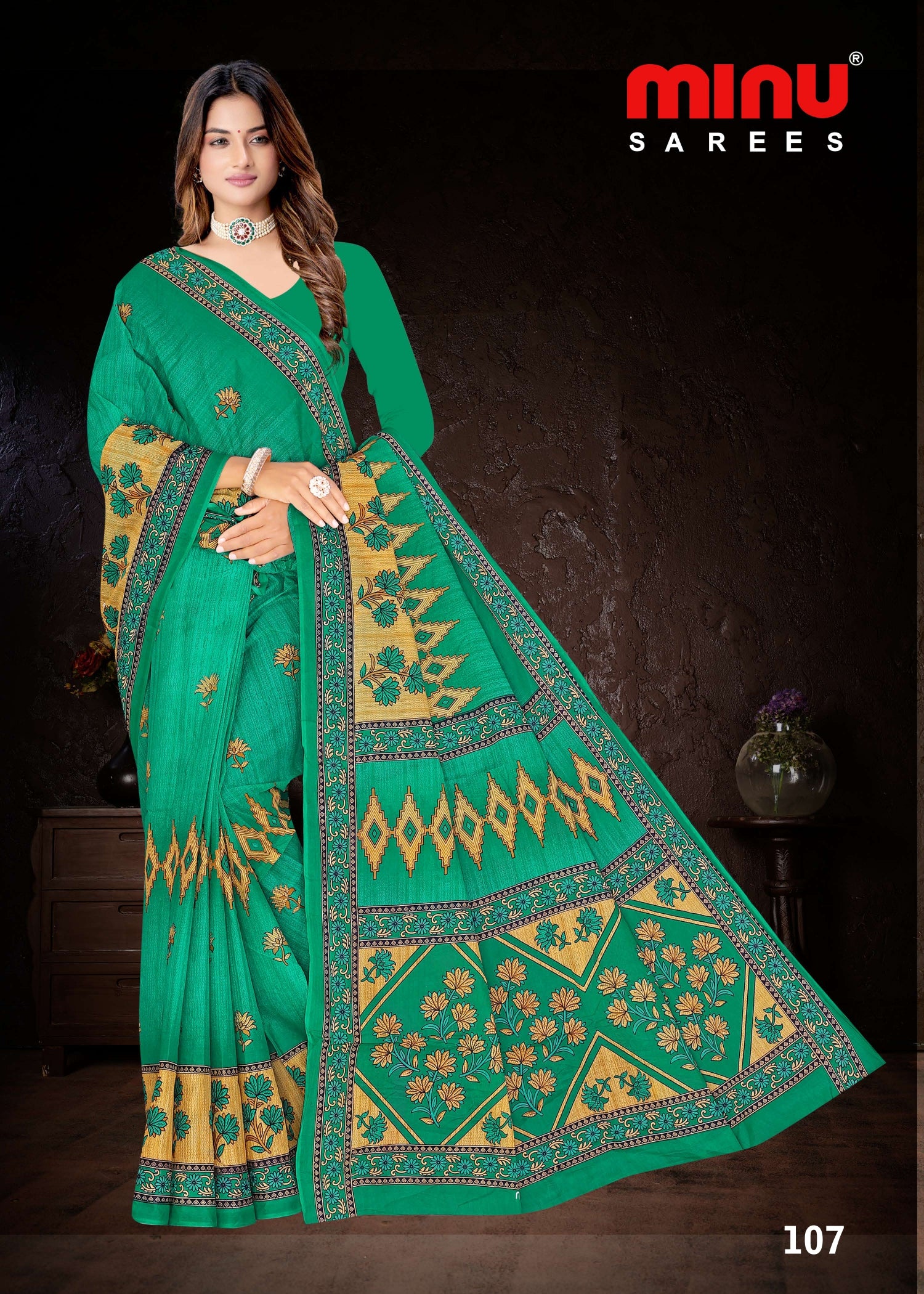 Green color printed Minu Sarees for sale online image 