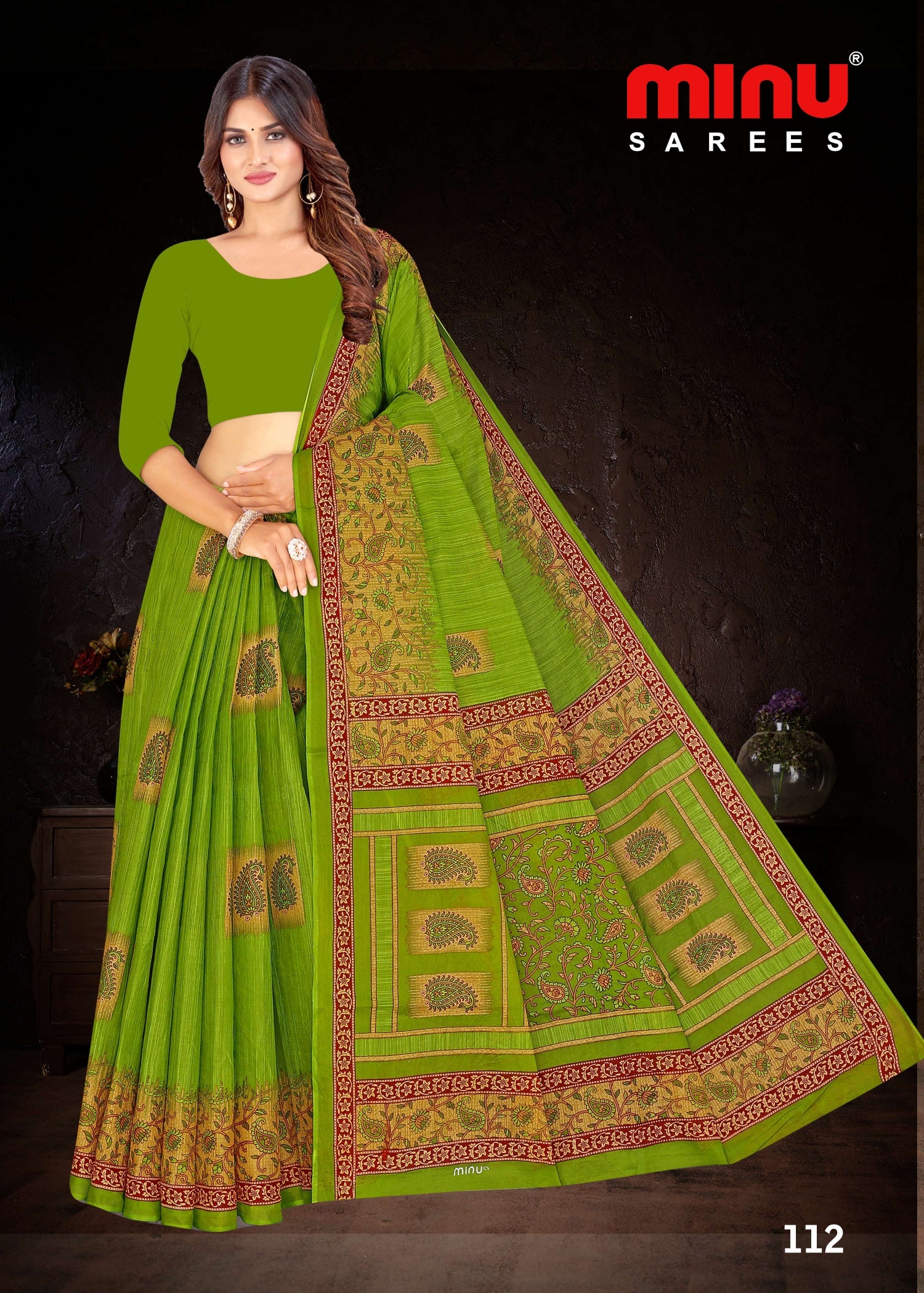 green printed saree with cotton fabric work for sale 