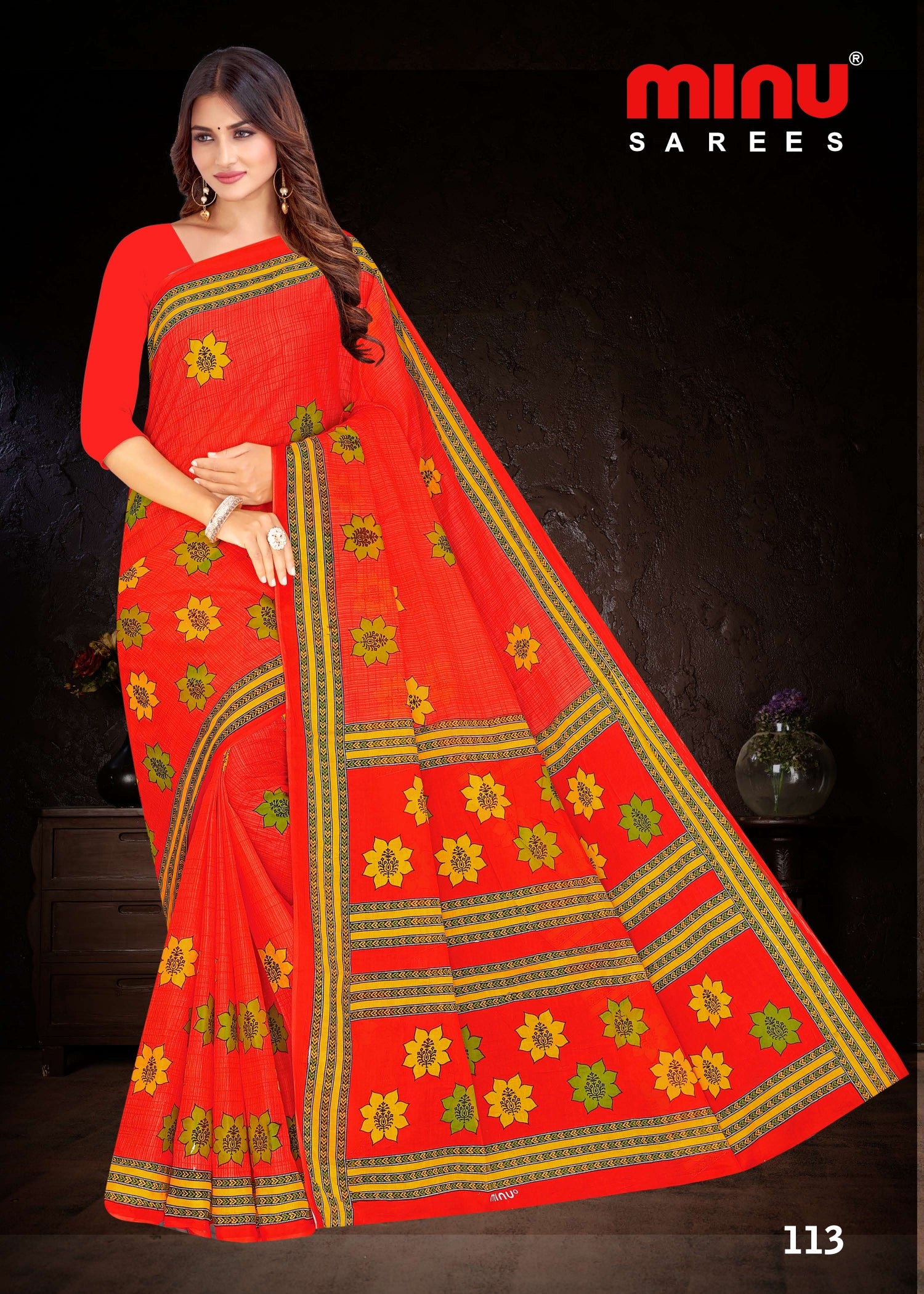 Red printed designer cotton saree for women and girls 