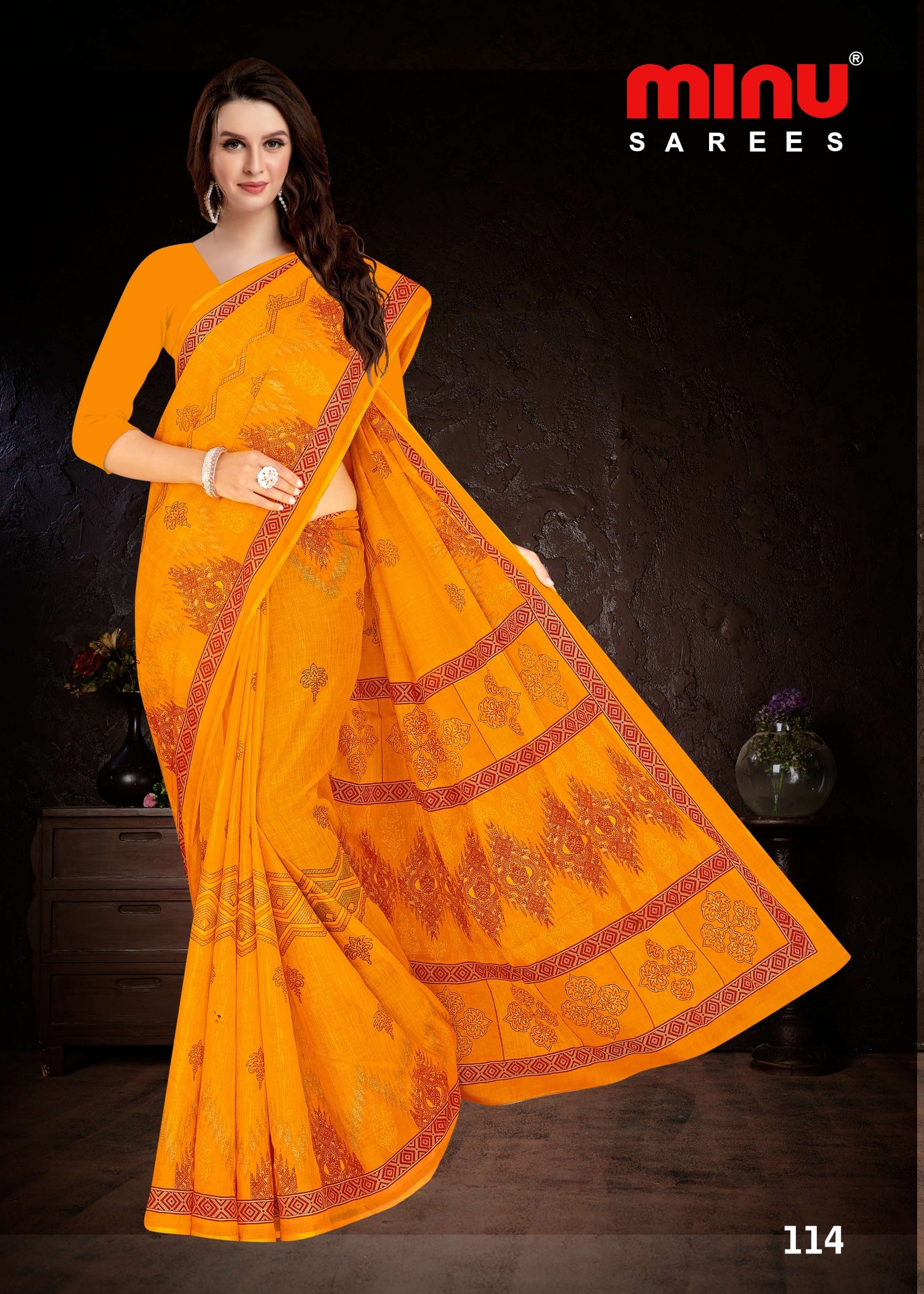 Orange printed designer Durga puja trending saree