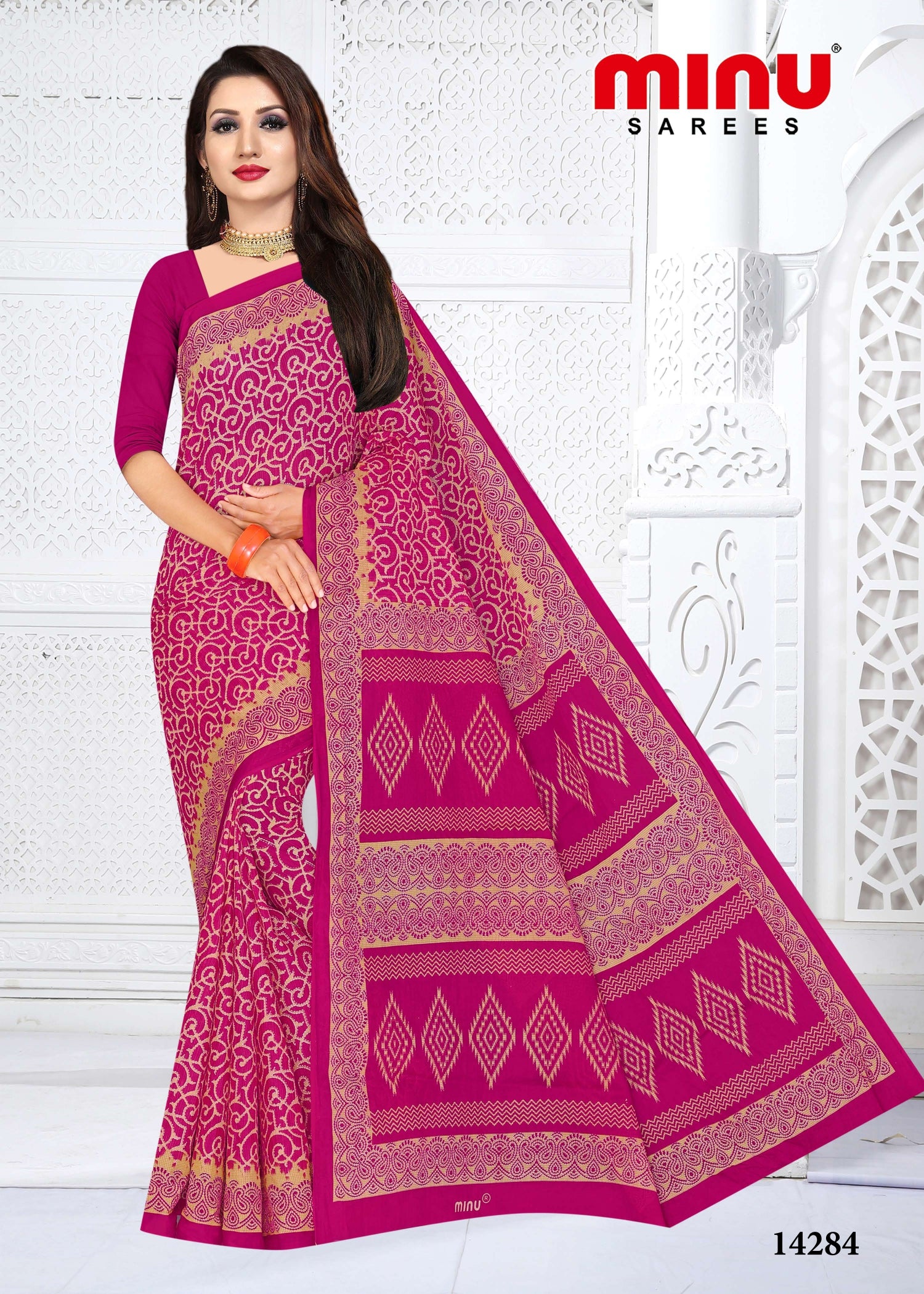 Woman attiring in classy and modern pink color printed saree online at best price