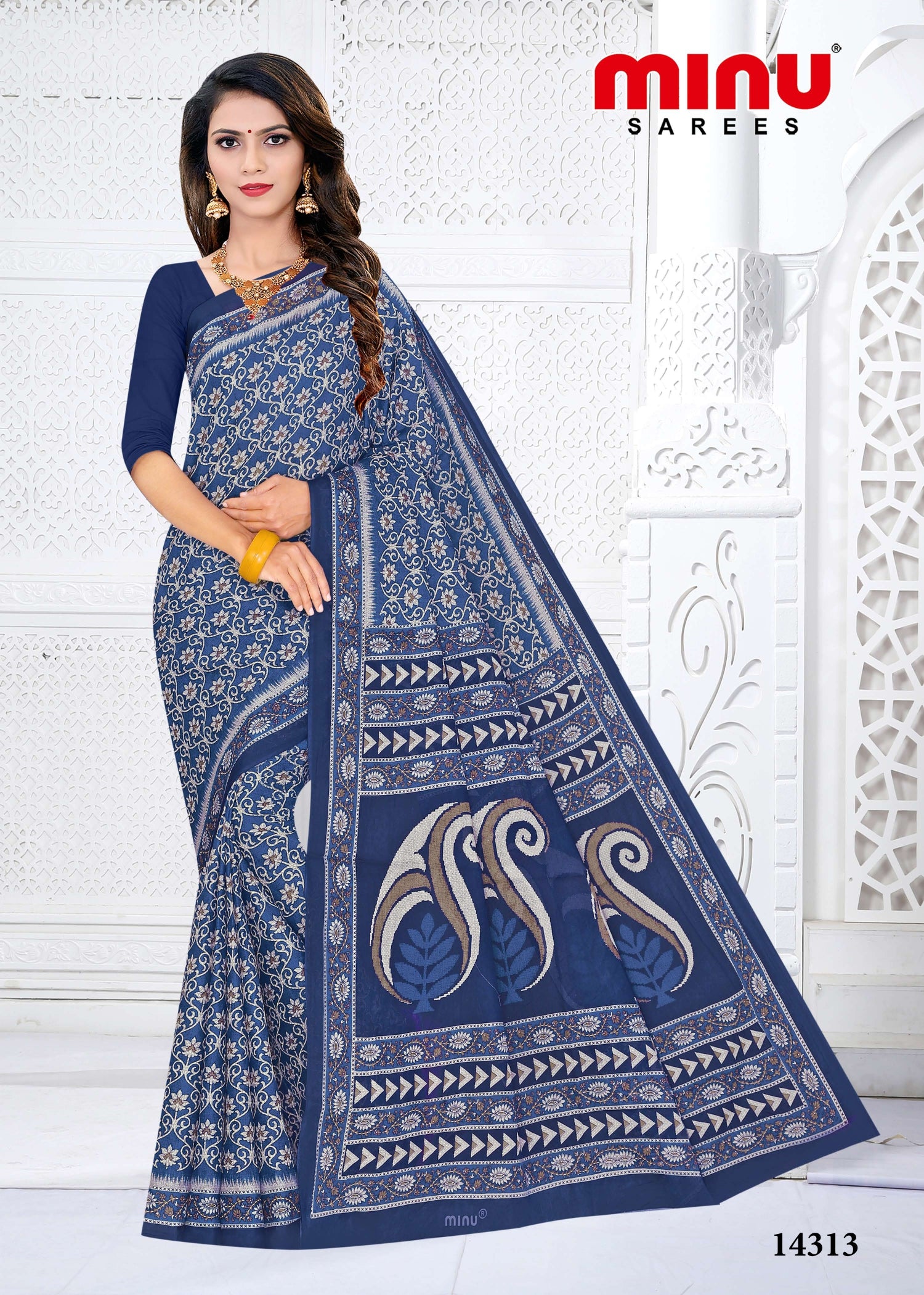 Woman looking bold in blue printed designer saree image
